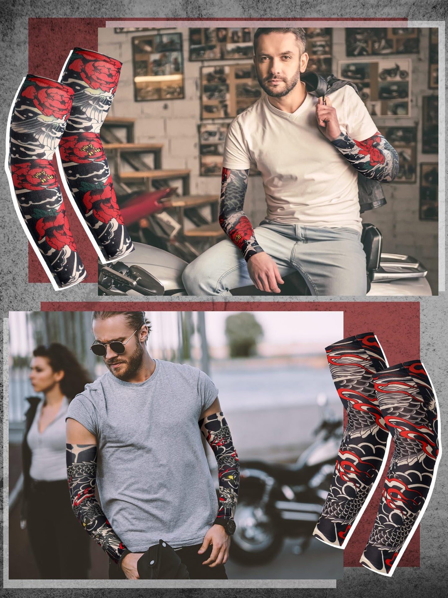 Boao 20 Pcs Men's Cooling Arm Sleeves Long Fingerless Arm Cover Anti Slip UV Protection Sun Temporary Tattoo Sleeves(Multi Style,Classic Colors,Large)