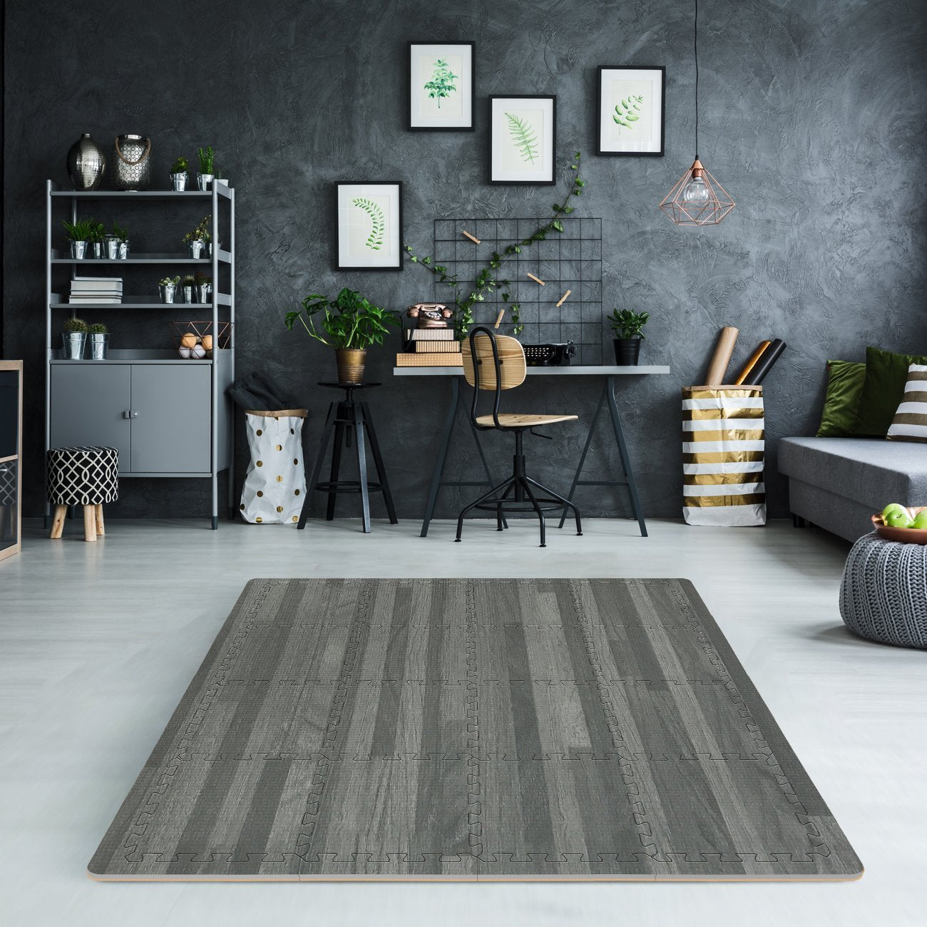 Sorbus Wood Floor Mats Foam Interlocking Mats Each Tile 1 Square Foot 3/8-Inch Thick Puzzle Wood Tiles with Borders – for Home Office Playroom Basement (16 Tiles 16 Sq ft, Wood Grain - Gray)