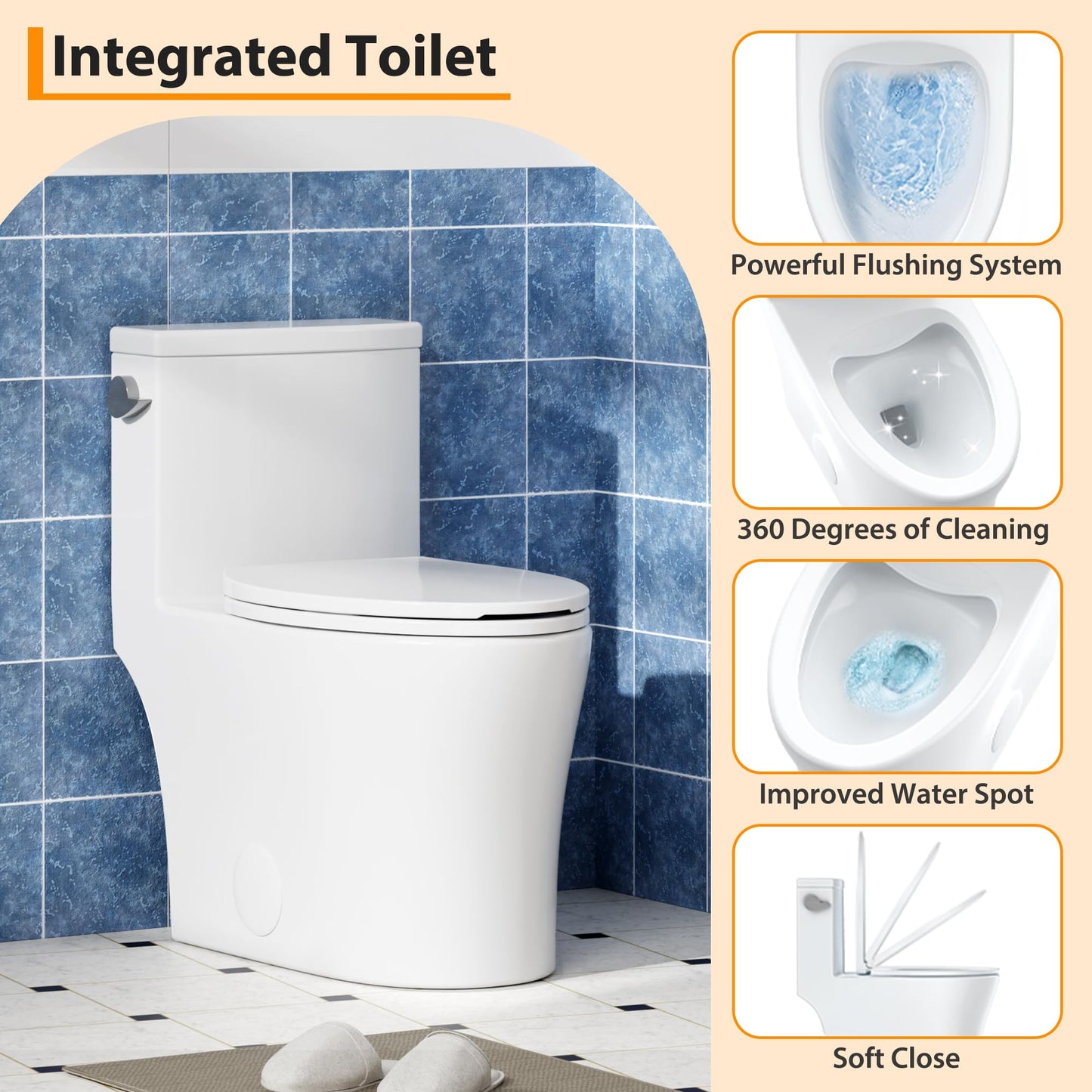 One-Piece Toilet for Bathroom, Comfort Height 16", Elongated with Under-Locking Lid, Soft Close Seat, Dual Flush, Powerful Flush