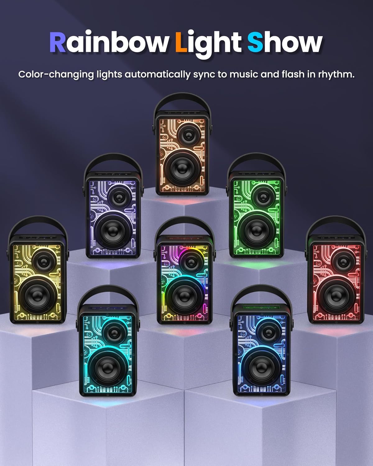 Raymate 80W Subwoofer-V5.3, 15H 8000mAh Bluetooth Speakers Wireless, Speakers with HiFi Stereo Sound, Rhythmic Lighting