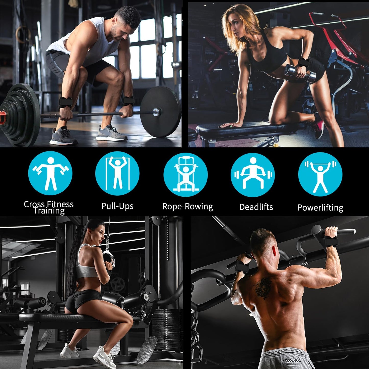 Weight Lifting Wrist Strap, Double-Layer Leather Wrist Straps for Gym Strength Training Weightlifting,Deadlift and Powerlifting, Enhance Grip Strength Neoprene Padding Gym Workout Lifting Straps for Men & Women (Pair) blue