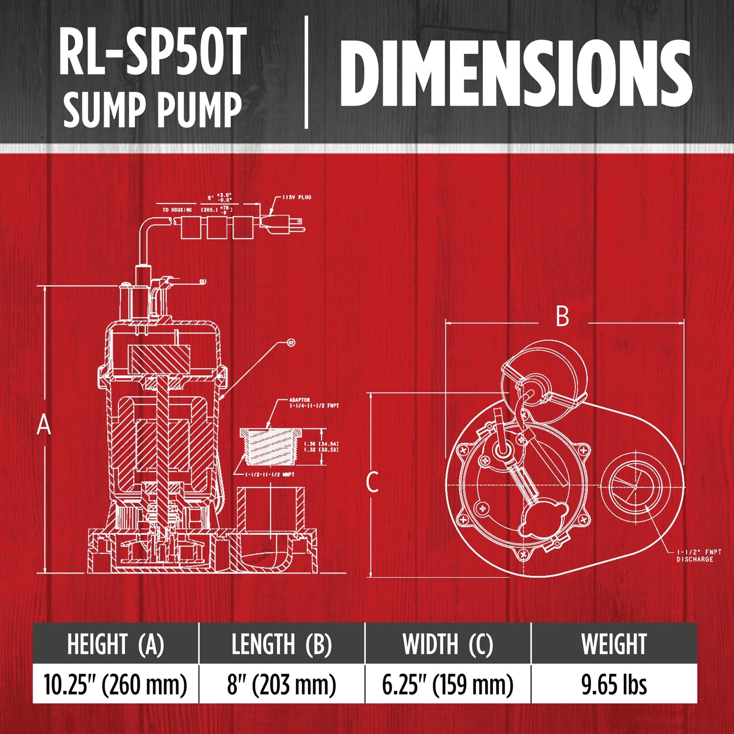 Red Lion RL-SP50T 115-Volt, 1/2 HP, 3600 GPH Aluminum and Thermoplastic Sump Pump with Tethered Switch and 8-Ft. Cord, Red, 14942742