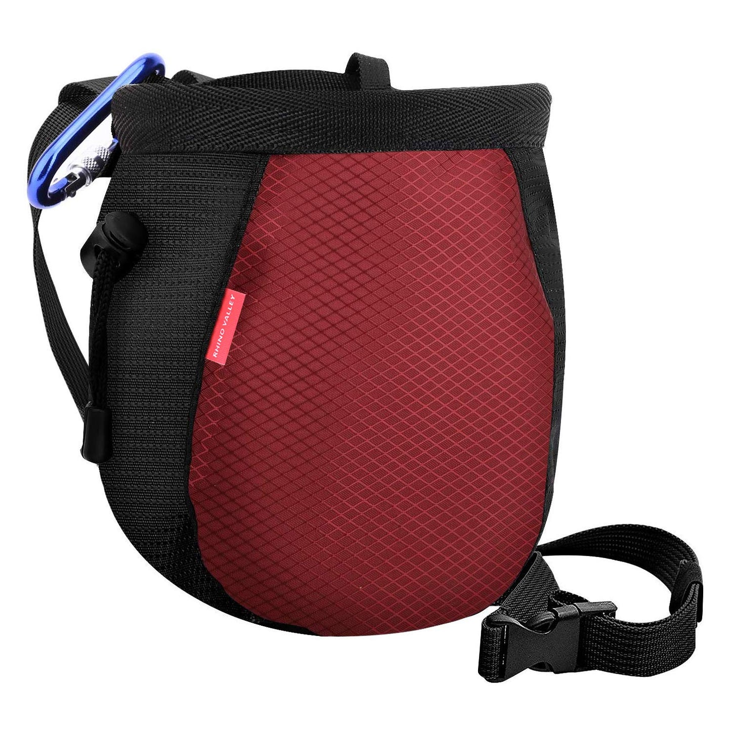 Rhino Valley Climbing Chalk Bag, No Leak Drawstring Chalk Bag with Adjustable Belt, Carabiner Clip and Zippered Pockets Chalk Bag for Rock Climbing, Cross Fit, Weight Lifting & More - Black & Red
