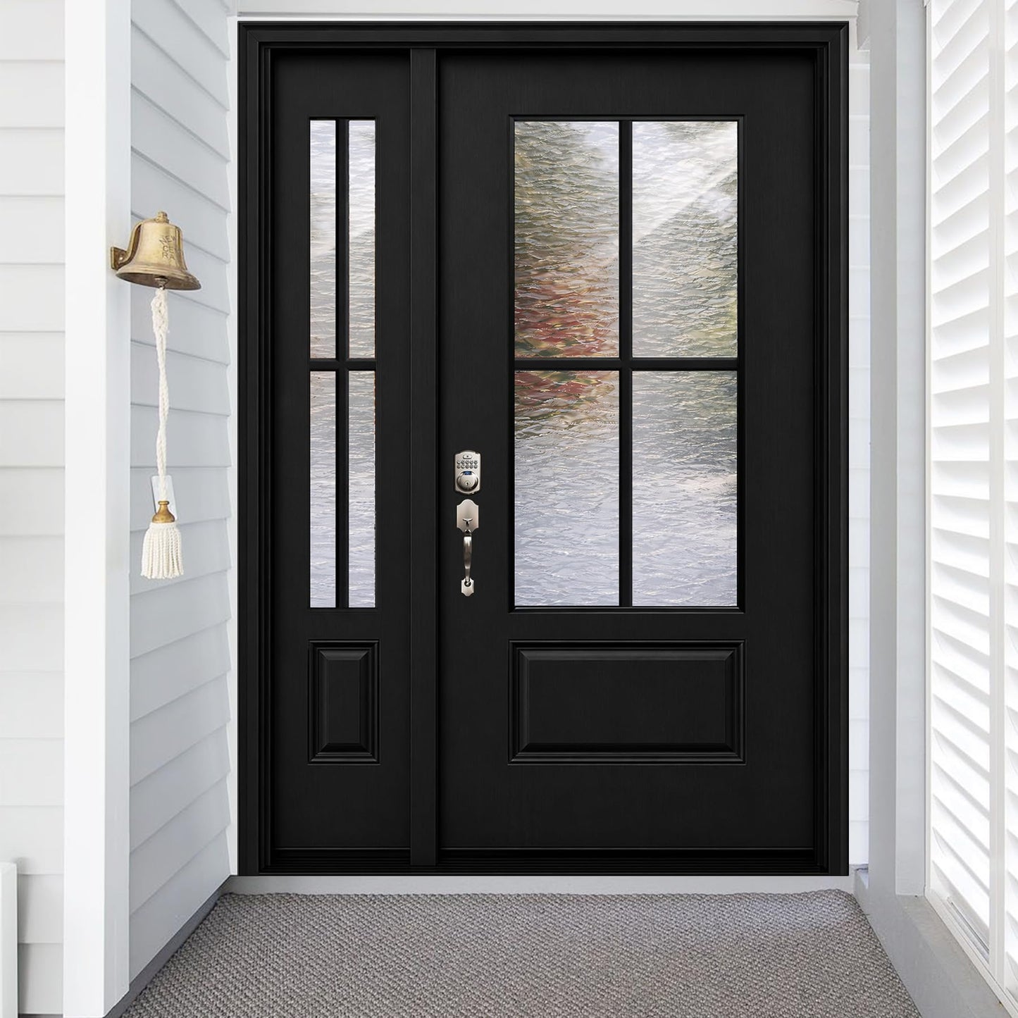 53x80in Fiberglass Front Door with 14in Sidelight, Black Exterior Entry Door for House, Right-Hand Inswing, Textured Finished with Hammered Glass Knock-Down Door, Vinyl Frame and Brickmould Included