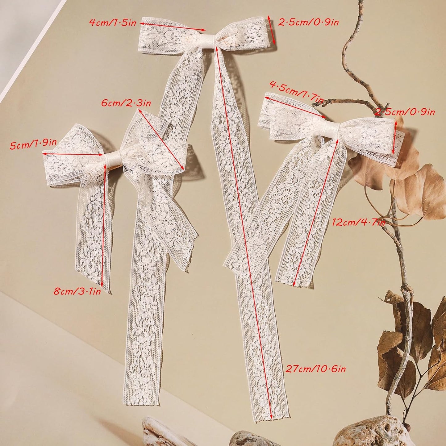 Skiennix White Lace Tulle Hair Bows - Long Tail Ribbons & Tassel Barrettes for Women