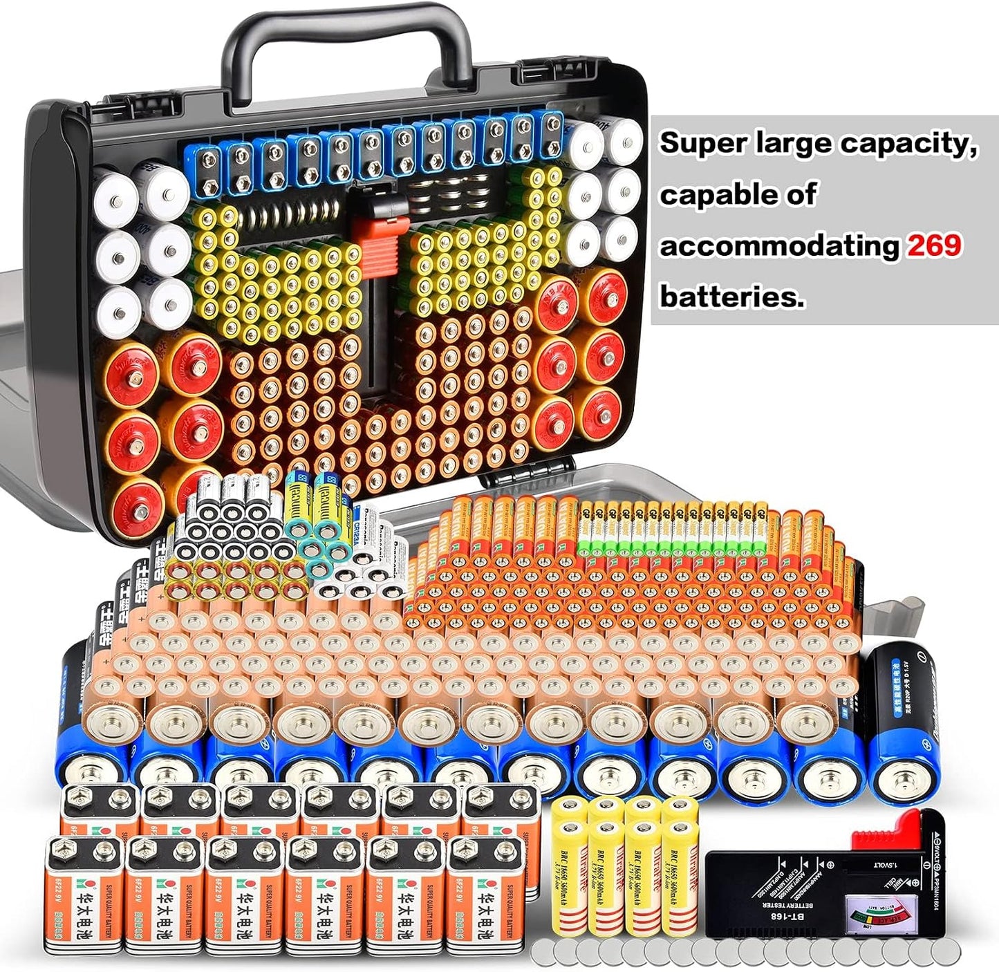 269 4A 9V 3V LR44 CR2 CR123 CR1632 18650 Battery Organizer Storage Case with Tester, Holds Batteries Double Sided Box