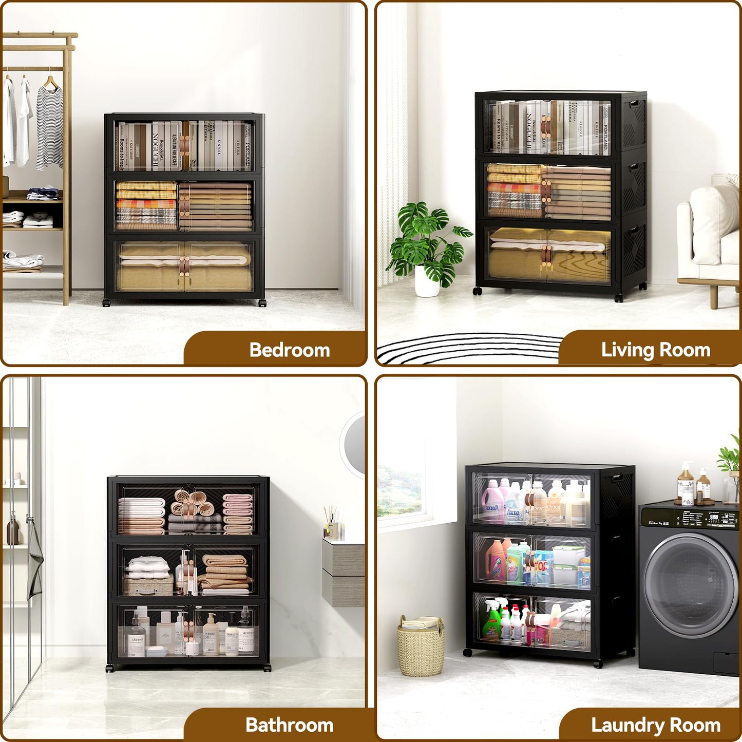 SAILUN 321QT/80Gal Stackable Storage Bins with a Lid, Collapsible Storage Bins With Doors, Folding Cabinet for Home Closet Organization,3 Pack-26 W x 16.5" D x 43.3" H Black