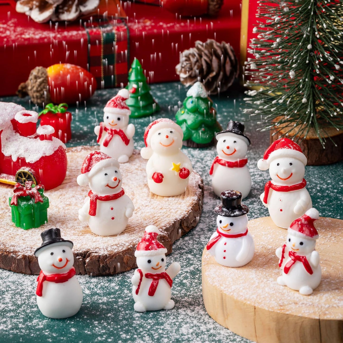 Skiennix Mini Snowman Figurines - 36Pcs Resin Snowmen with Hats for DIY Christmas Decor