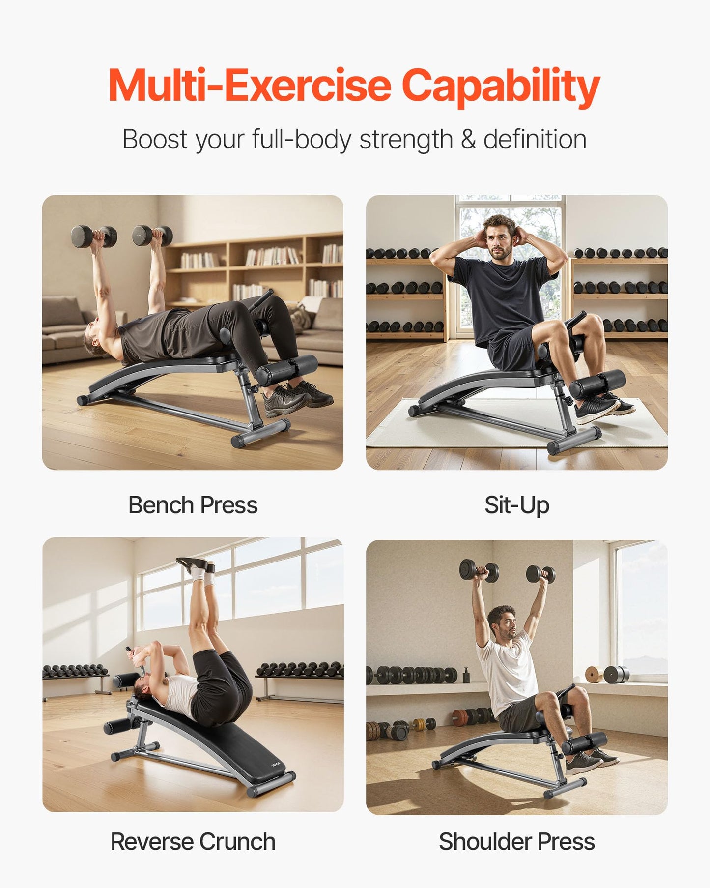 VEVOR Sit Up Bench, Curved Decline Ab Bench with Reverse Crunch Handle, with 6 Adjustable Height Setting, Heavy Duty Steel, 600 Lbs Capacity for Home Gym Workouts, Strength Training, Full Body Muscles