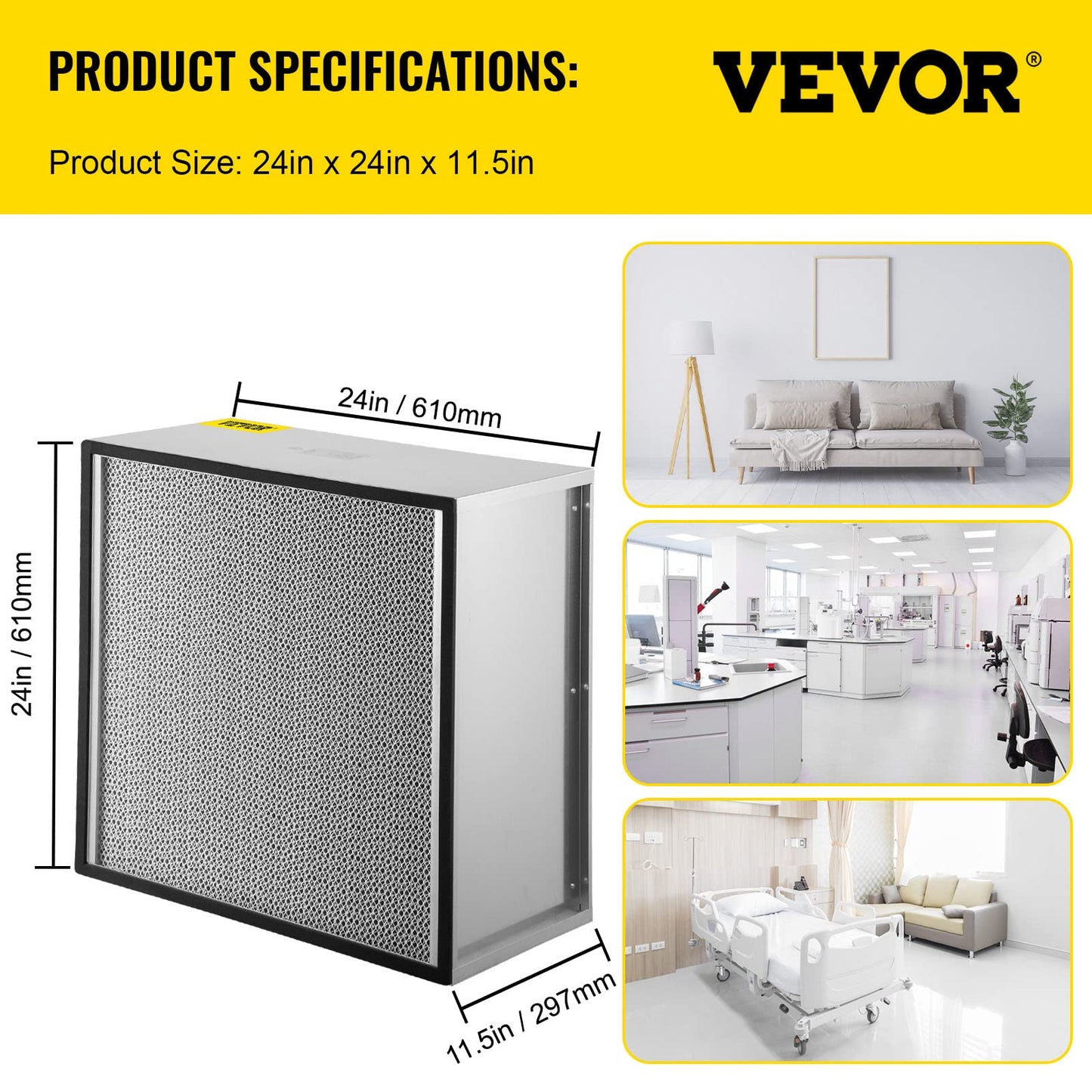 VEVOR Filter Replacement, 24'' x 24'' x 11.5'' AC Filter, HEPA Pleated Air Filter, Air Filter Replacement with Durable Galvanized Frame, 99.97% Standard Filter Compatible for HEPA Filter Novair 2000
