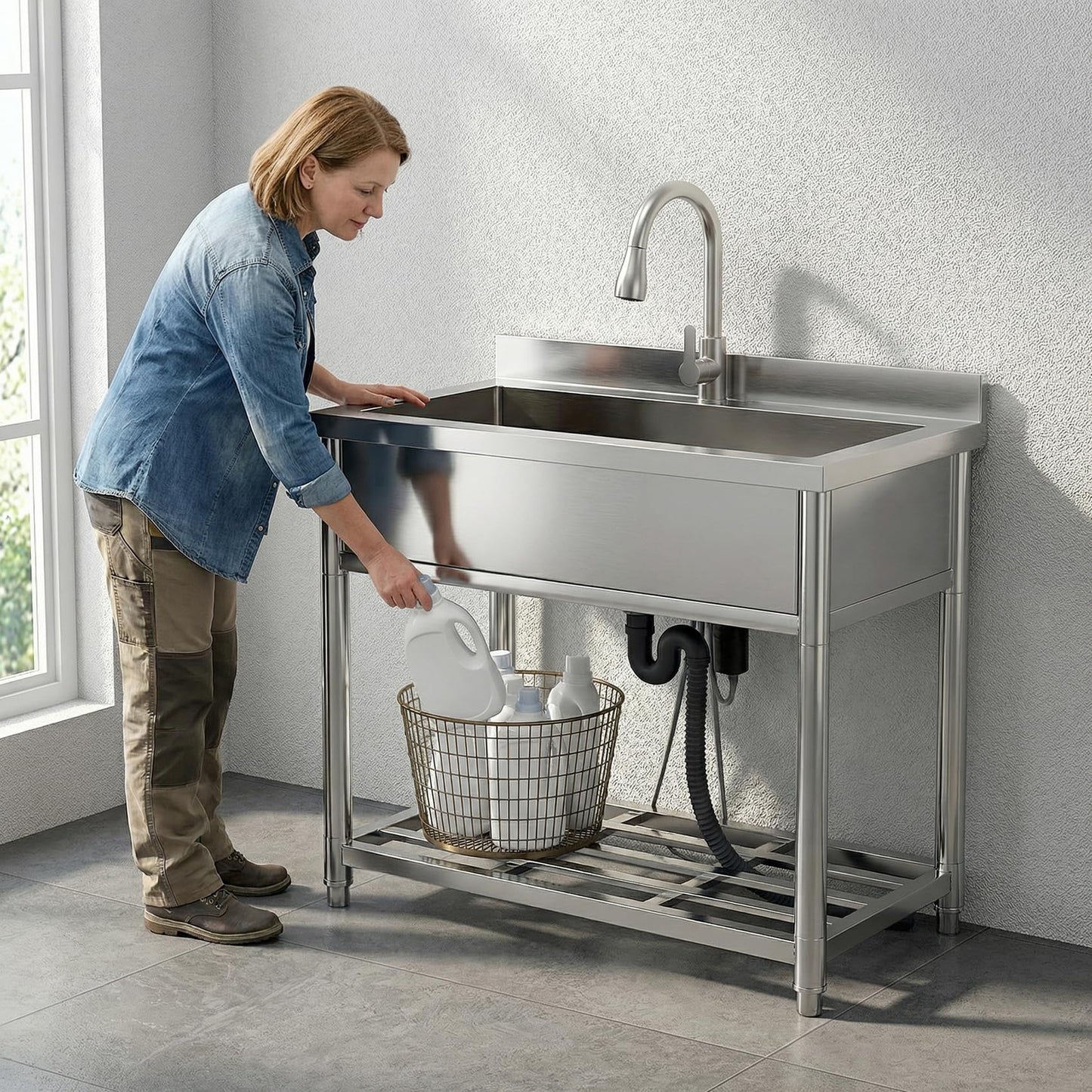 GGW Stainless Steel Large Utility Sink Single Bowl, Freestanding Laundry Sink with Pull-Out Faucet, Utility Sink for Laundry Room, Garage, Kitchen, Outdoor/Indoor Use, W35.4" x D22.4" x H37"