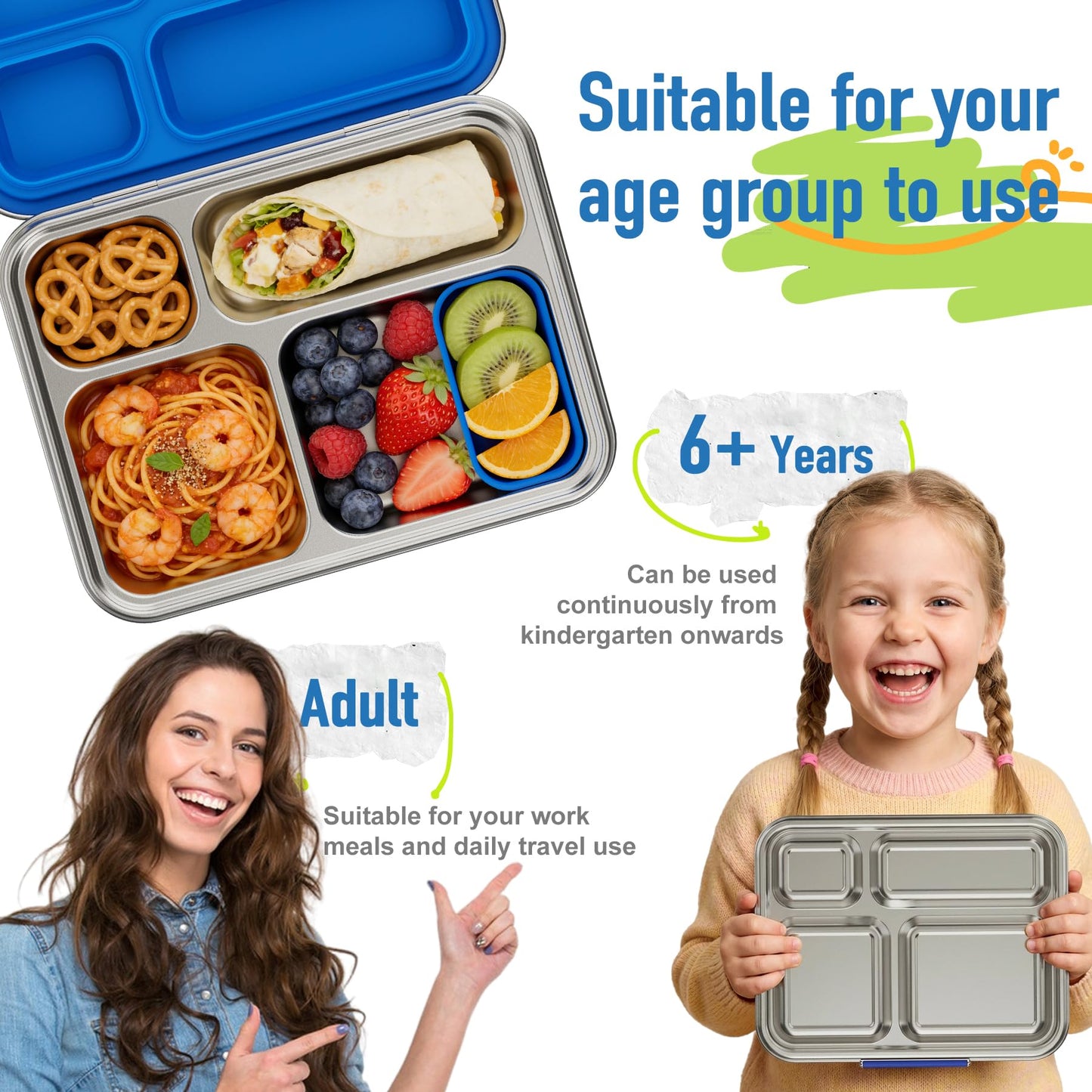 BABHAMNESS Stainless Steel Kids Bento Lunch Box, 4-Compartments with Silicone Container, Dishwasher-Safe, Child-Friendly Design for School and Travel,BPA-Free(Blue)