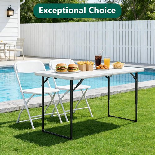 Folding Table | 4ft Heavy-Duty Fold-in-Half Plastic Table with Adjustable Height - Portable for Indoor & Outdoor Use (White)