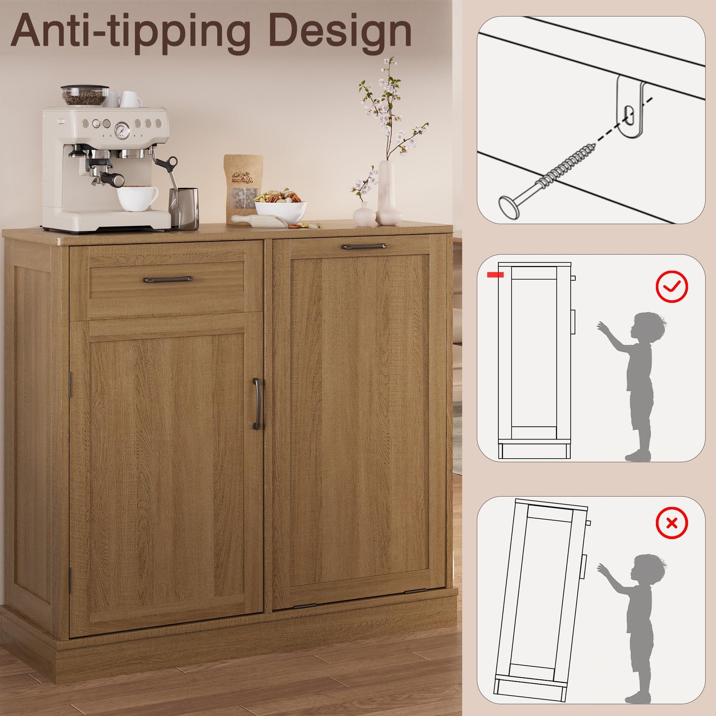 LOUVIXA Double Tilt Out Trash Cabinet, Kitchen Island with Trash Storage, Trashcan Cabinet for Kitchens, Wood Cabinet with Trash Can Pull Out, Dog Proof Trash Can (Light Coffee, 10 Gal)