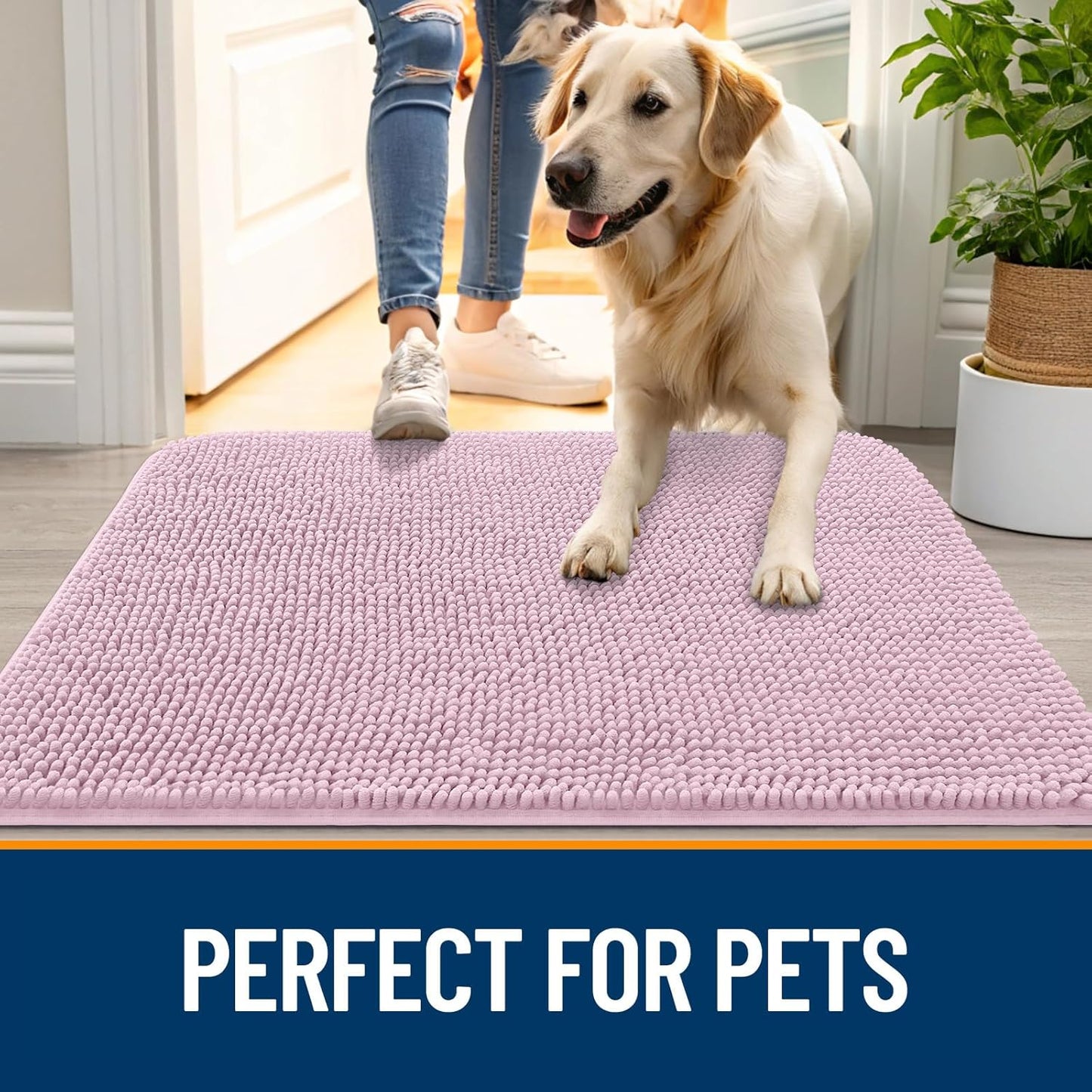OLANLY Dog Door Mat - Absorbent Non-Slip Chenille Mat for Muddy Paws | 47x24, Quick Dry, Dusty Rose