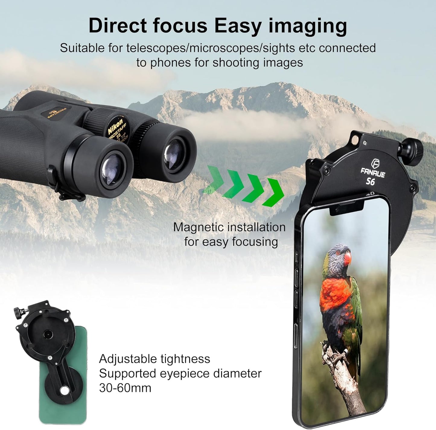 FANAUE Telescope Phone Adapter, Spotting Scope Smartphone Phone Mount for Binoculars Monocular Microscope, Magnetic