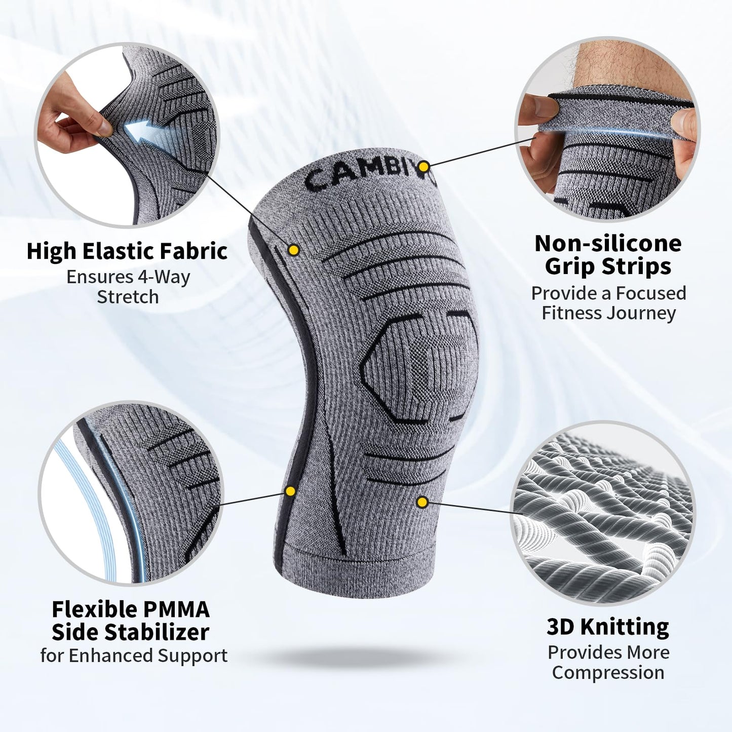 CAMBIVO 2 Pack Knee Brace for Women & Men, Latex Free & Silicone Free Compression Knee Sleeves with Side Stabilizers, Lightweight Knee Support for Arthritis, Meniscus, Walking, Running (Gray, Large)