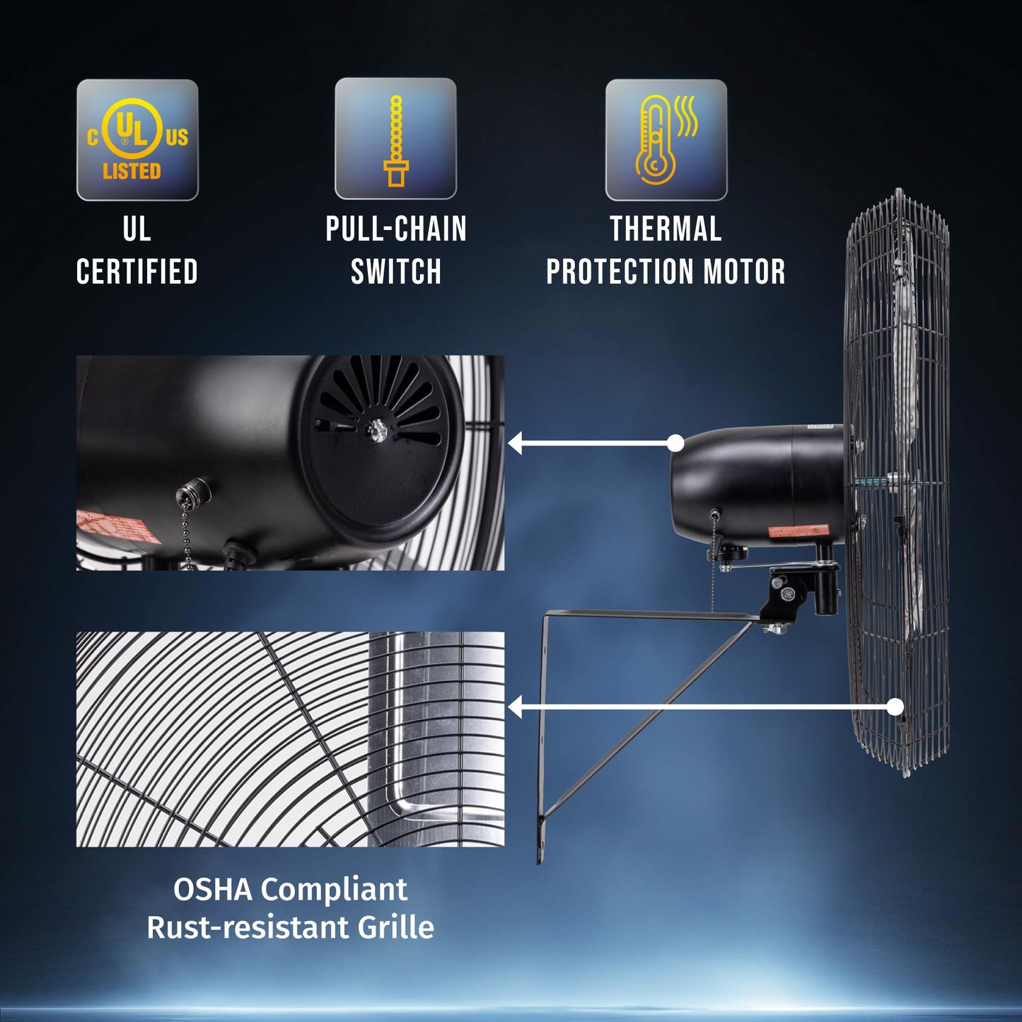 Tornado 24 Inch High Velocity Oscillating Wall Fan – 3 Speed, 7200 CFM, Heavy Duty Metal Construction, 6.6 FT Power Cord – UL Certified for Commercial, Industrial, and Garage Use