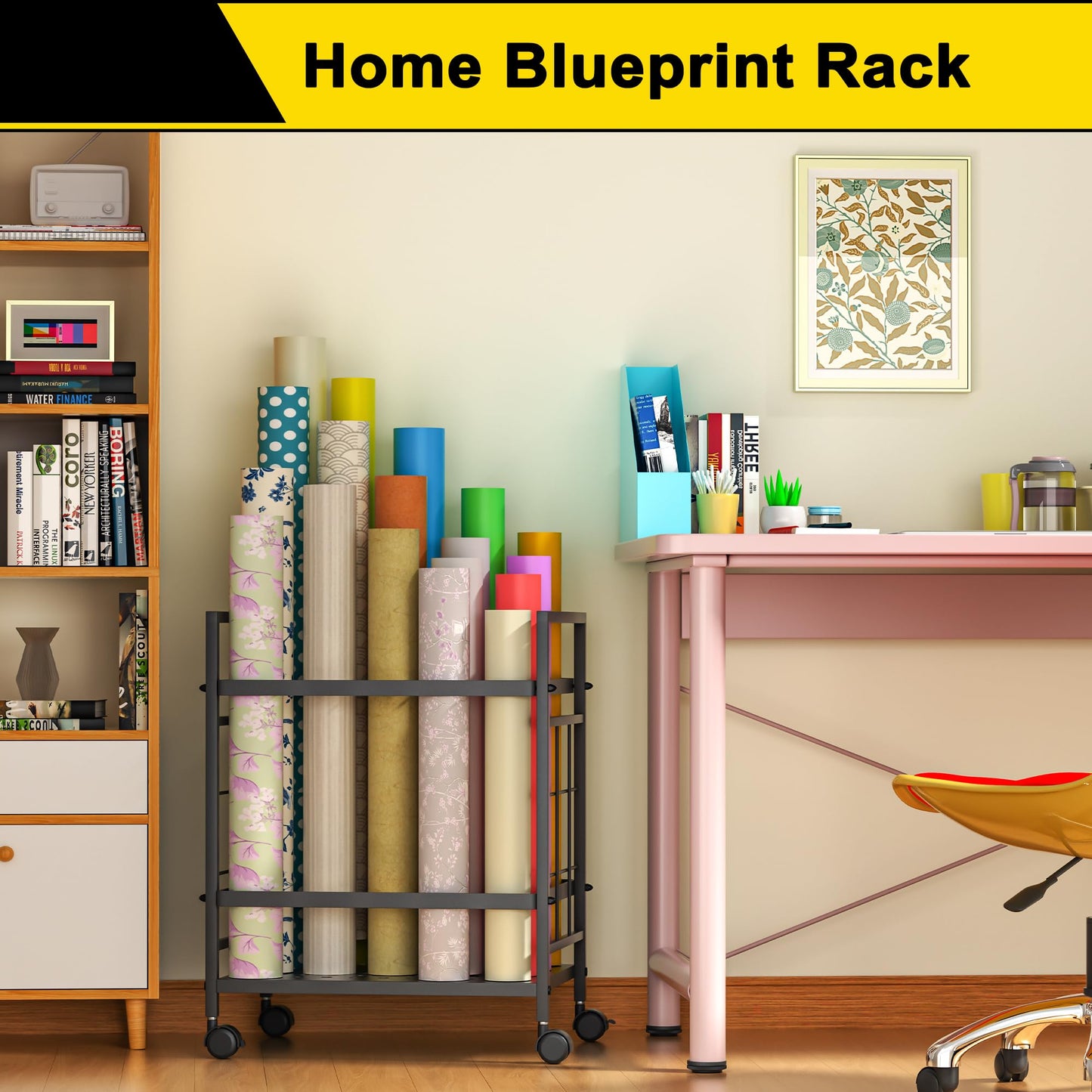 Blueprint Storage Rack, Blueprint Holder with Wheels, Used for Storing Blueprint/Carpet/Map/Poster/Architectural Construction Plan, 20 Slots(3.2" x 3.2"), Silent Wheel for Home, Office, School(Black)