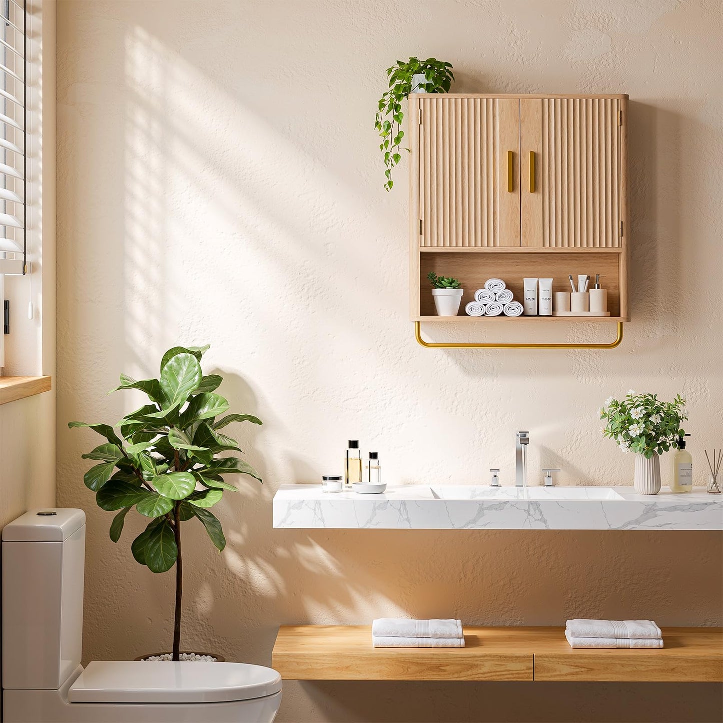 Memobarco Bathroom Wall Cabinet, Medicine Cabinet with Fluted Door & Adjustable Shelf, Over the Toilet Storage Cabinet with Towel Bar, Cabinet Wall Mount for Laundry Room & Kitchen, Wood