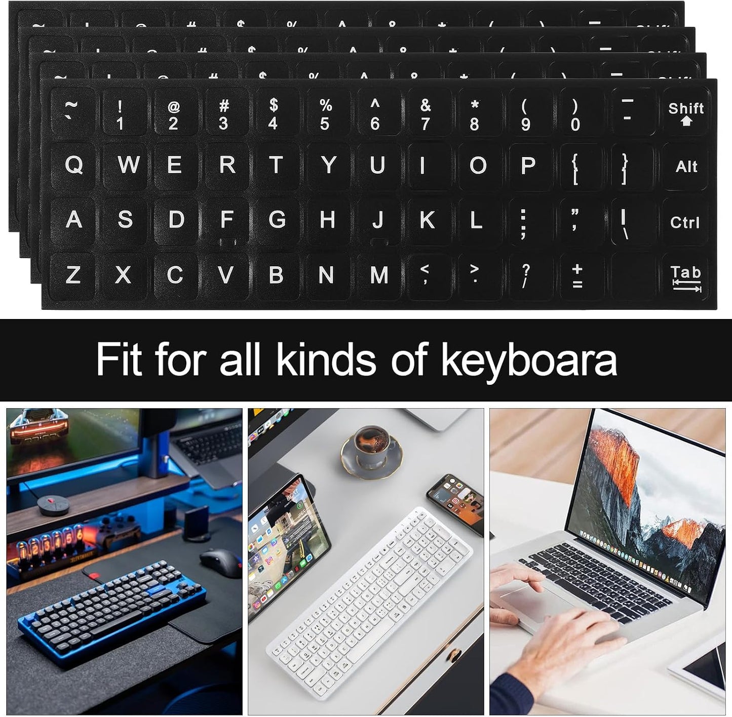 Xinjoduz 4 PCS Universal English Keyboard Letter Stickers, Black Background with White Lettering, Keyboard Stickers