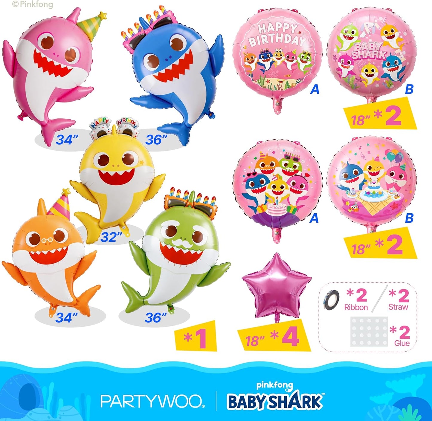 PartyWoo Baby Shark Family Foil Balloons - 13pcs Pink Round & Star Mylar Helium Balloons for Kids' Birthday Party Decorations