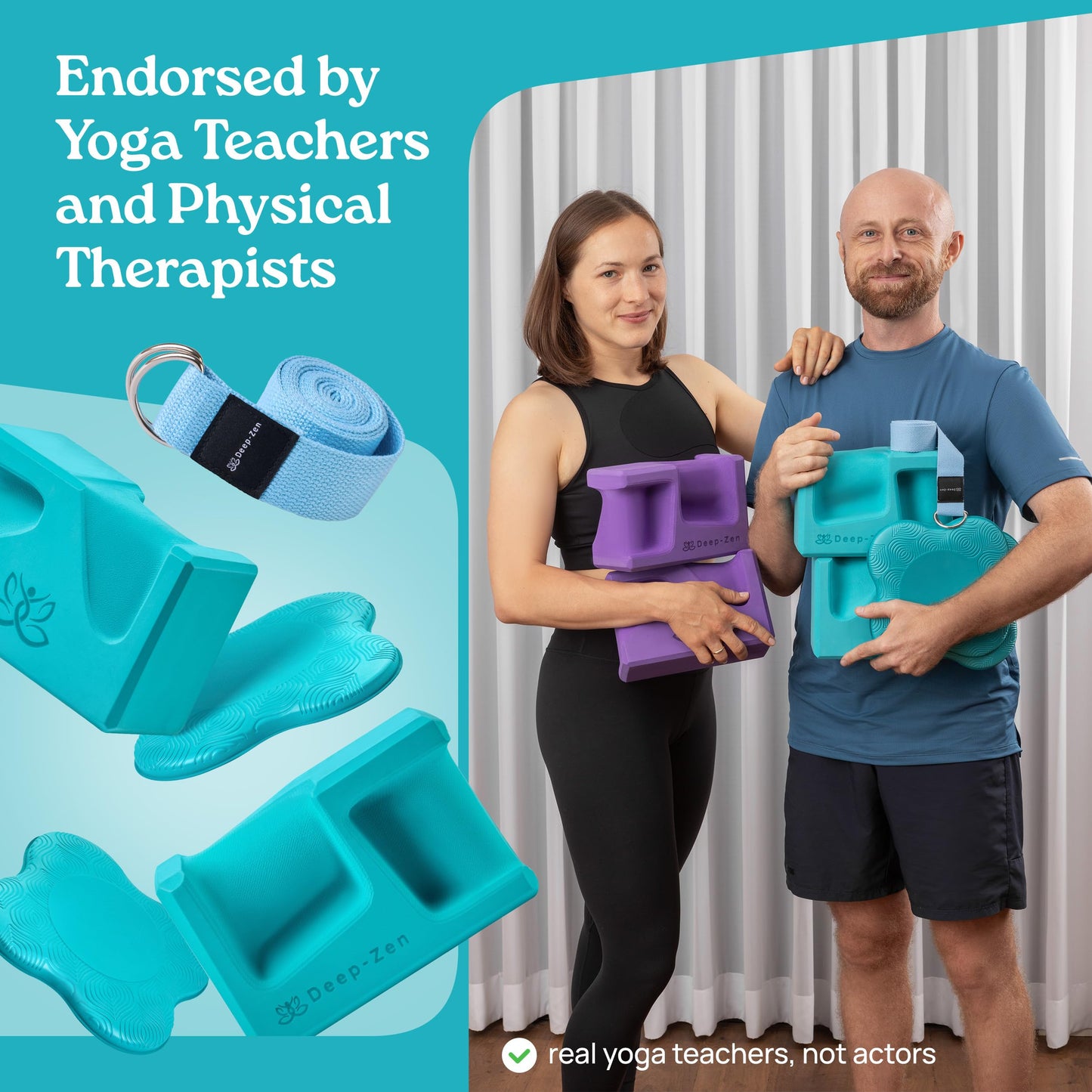 Deep-Zen PRO Yoga Blocks | Ergonomic Yoga Block 2 Pack for Wrist Comfort and Support | EVA Foam Exercise Blocks, 2x Knee Pads & Yoga Strap | Pilates Block Set | Bricks to Eliminate Wrist Pain (Blue)