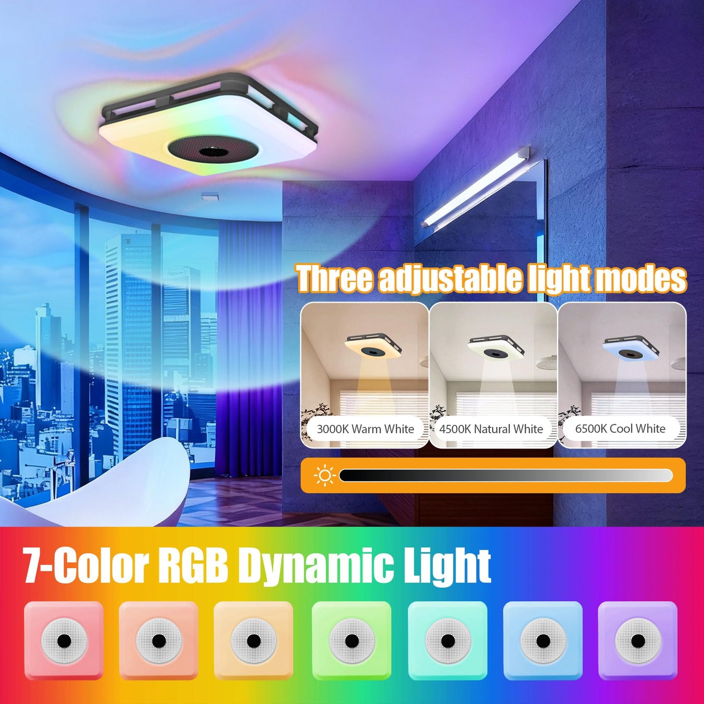 Bathroom Exhaust Fan with Bluetooth Speaker,Bathroom Fan Light,Plug&Play,230 CFM 1.0 Sone,Strong Wind Force&Quiet,Noise-cancelling Bluetooth dual speakers,7color dynamic&3color lighting,3year warranty
