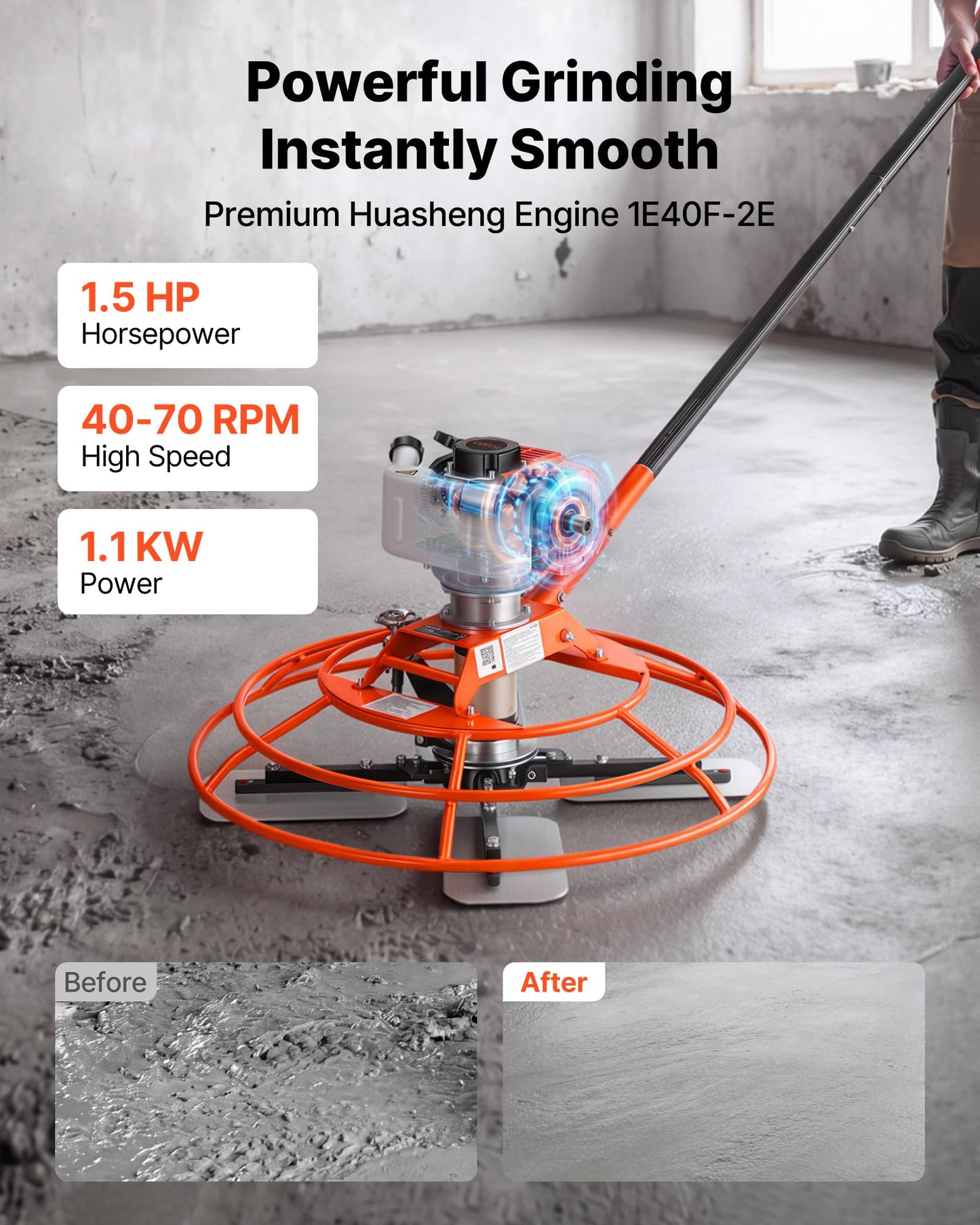 VEVOR Power Trowel, 28.3 inch Trowel Diameter Concrete Finishing Machine, 4 Blades, Adjustable 0-12° Pitch, Gas-Powered Walk-Behind Cement Surface Finisher for Smooth Floors, Bridge Construction