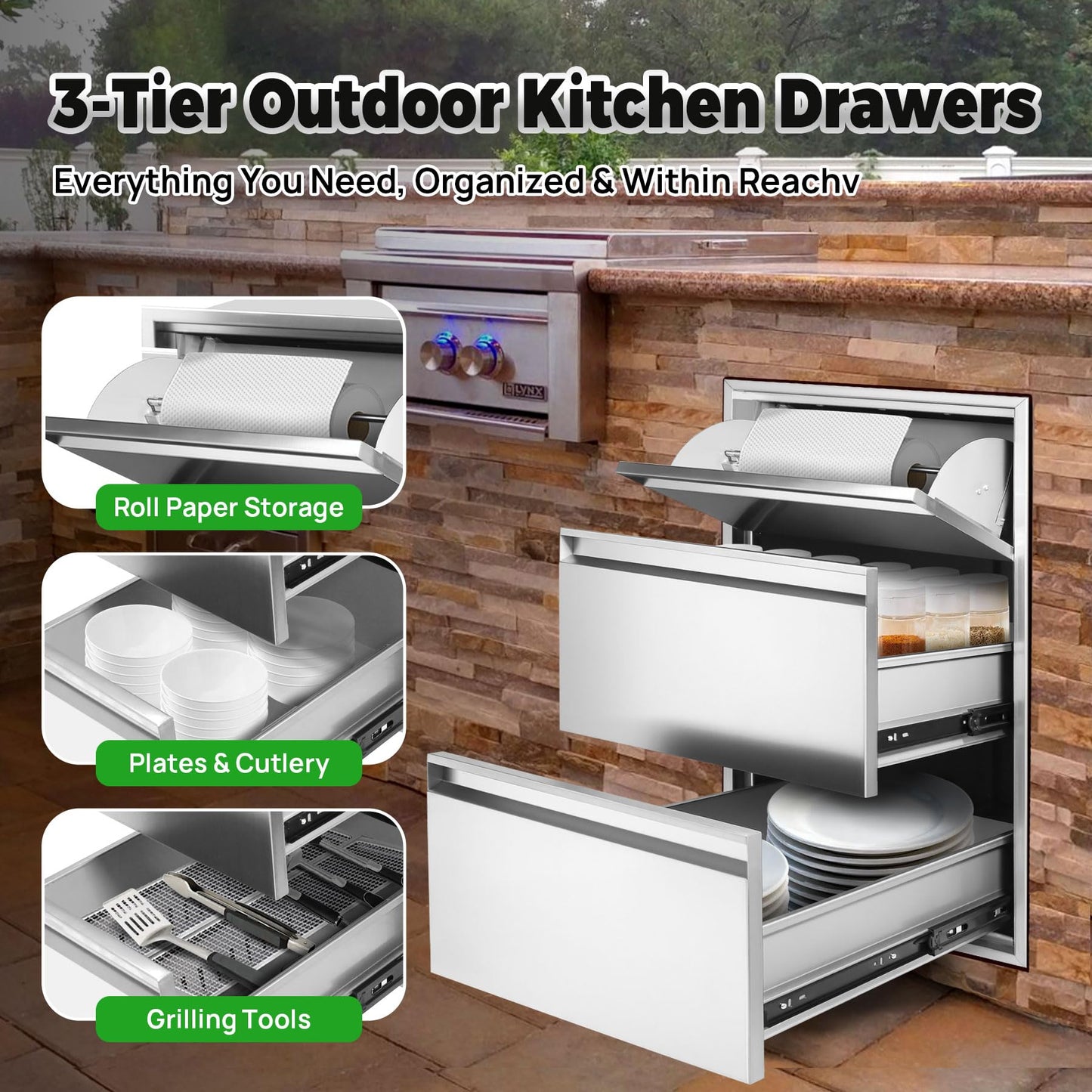 POPMOON BBQ Outdoor Kitchen Drawer W16.7 x D21.4 x H29.8 Inch Triple Access BBQ Drawers Stainless Steel Access Drawer for BBQ Island and Outdoor Kitchen