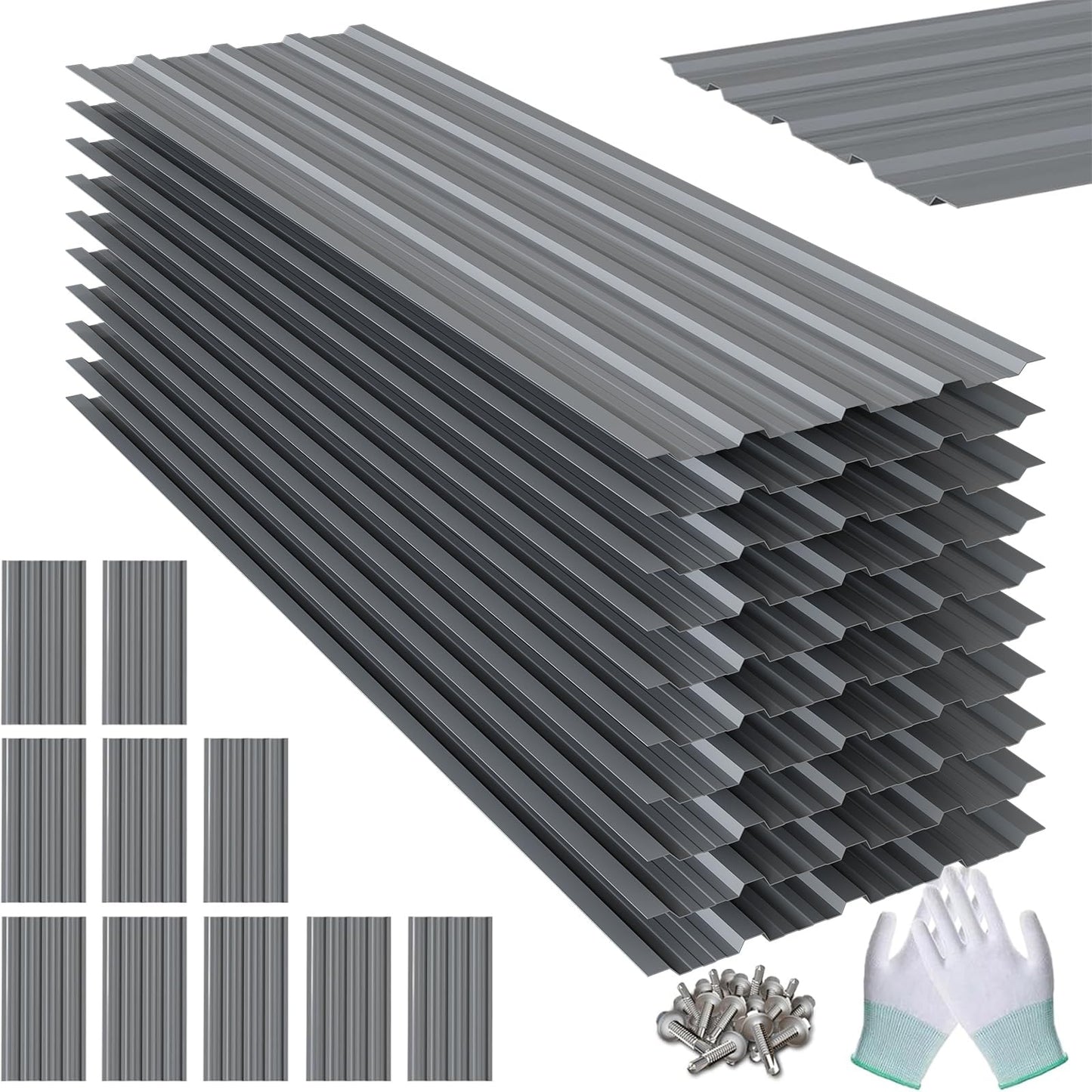 Noliven 10 Pack Corrugated Metal Roofing Panels, 6.1 ft Galvanized Steel Roof Sheets, 17.7 x 73.2 in, Approx. 90 sq.ft Total Panel Area, with Screws, for Sheds, Chicken Coops and Gazebos, Grey