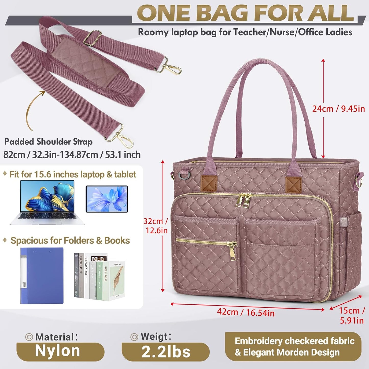 RAINSMORE 15.6 inch Teacher Tote Bag Laptop Bag for Women Work Bags Laptop Tote Nurse Bag Professional Computer