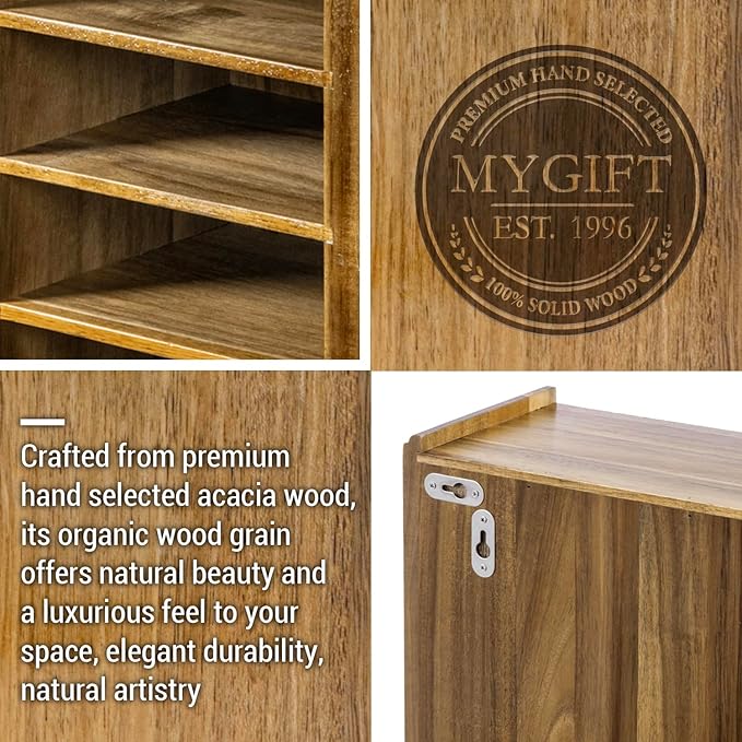 MyGift 12 Compartment Rustic Burnt Solid Wood Wall Mounted Dual Display Martial Arts Belt Holder with Top Trophy Storage Shelf in Horizontal or Vertical Mount