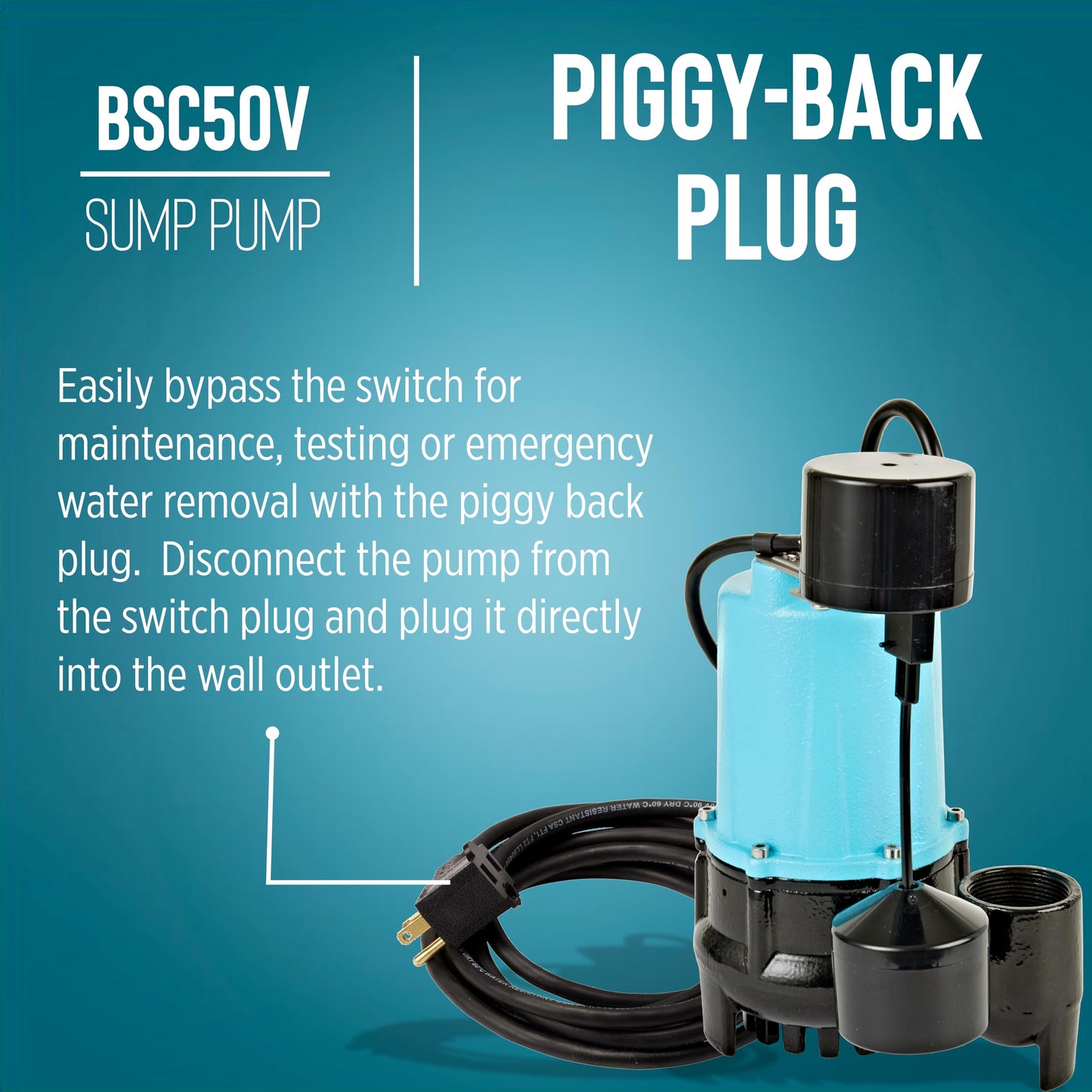 Little Giant BSC50V 1/2 HP, 115 Volt, 3840 GPH Automatic Submersible Cast Iron Sump/Effluent Pump with Piggy-back Vertical Float Switch and 10-Ft. Cord, Blue, 511252