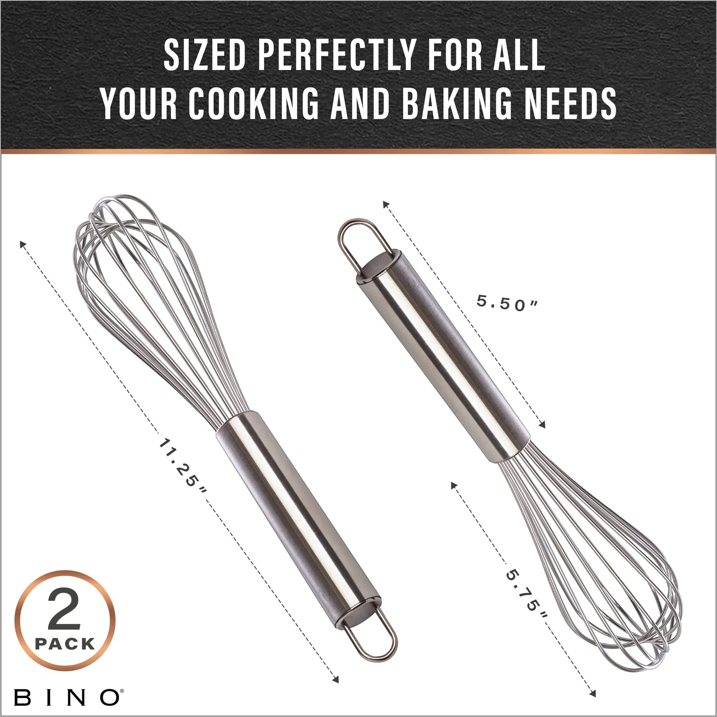 BINO 2-Piece Egg Whisk Set - 10 Inch | Thick Wire Balloon Whisk Set | Manual Egg Beater | Pancake Whisk | Kitchen Whisks for Cooking & Baking | Kitchen Utensils Whisking & Stirring | Kitchen Tools