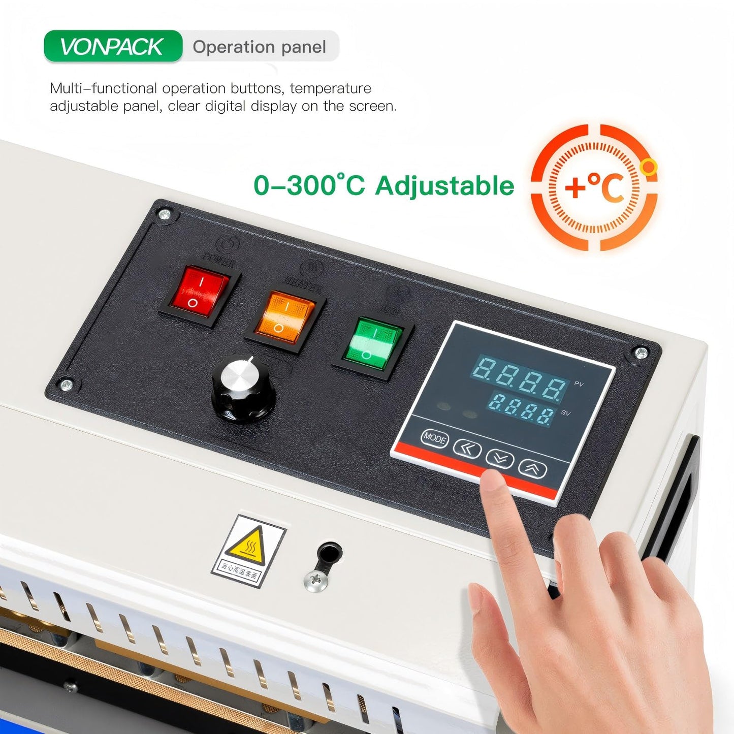 VONPACK FR-900 Automatic Continuous Band Sealing Machine, 110V Bag Sealer Industrial Factory Kitchen Packing Machine Heat Sealing Adjustable Intelligent Temp Control for Plastic Bag Food Film