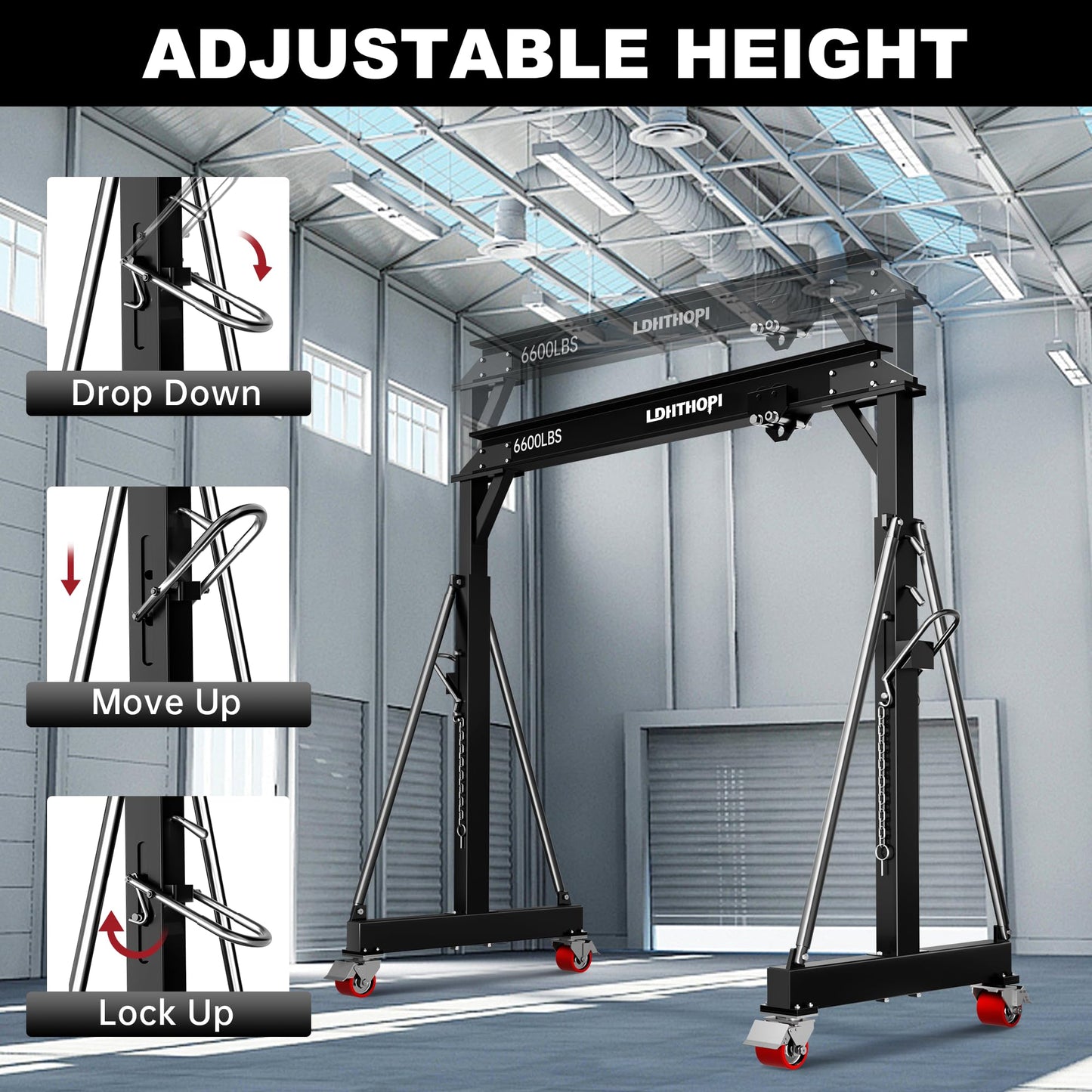 LDHTHOPI 3 Ton Gantry Crane, 6600LBS Adjustable Gantry Crane with 8.53-12.47ft Height, Shop Lift Hoist with Manual Trolley, Hook & Shackles for Warehouse, Factory,Auto Repair & Construction,Black
