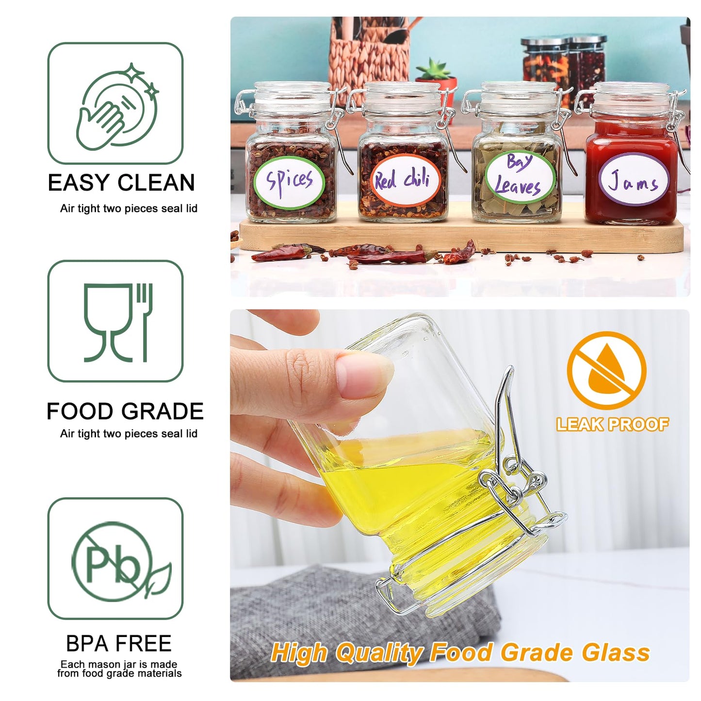 Brajttt 4 oz Spice Jars with Labels,25 Pack Small Glass Jars with Lids,Small Glass Containers with Airtight Hinged Lid for Home Kitchen, Arts & Crafts Projects, Spices, Decoration, Snack Foods