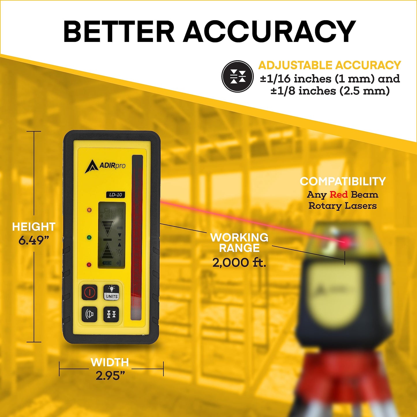 Adir Universal Rotary Laser Detector with Rod Clamp, Digital Laser Receiver with Dual LCD Display for Adir, Spectra, Leica, and Other Top Brand Rotary Red Lasers, 300m Range (LD-10)