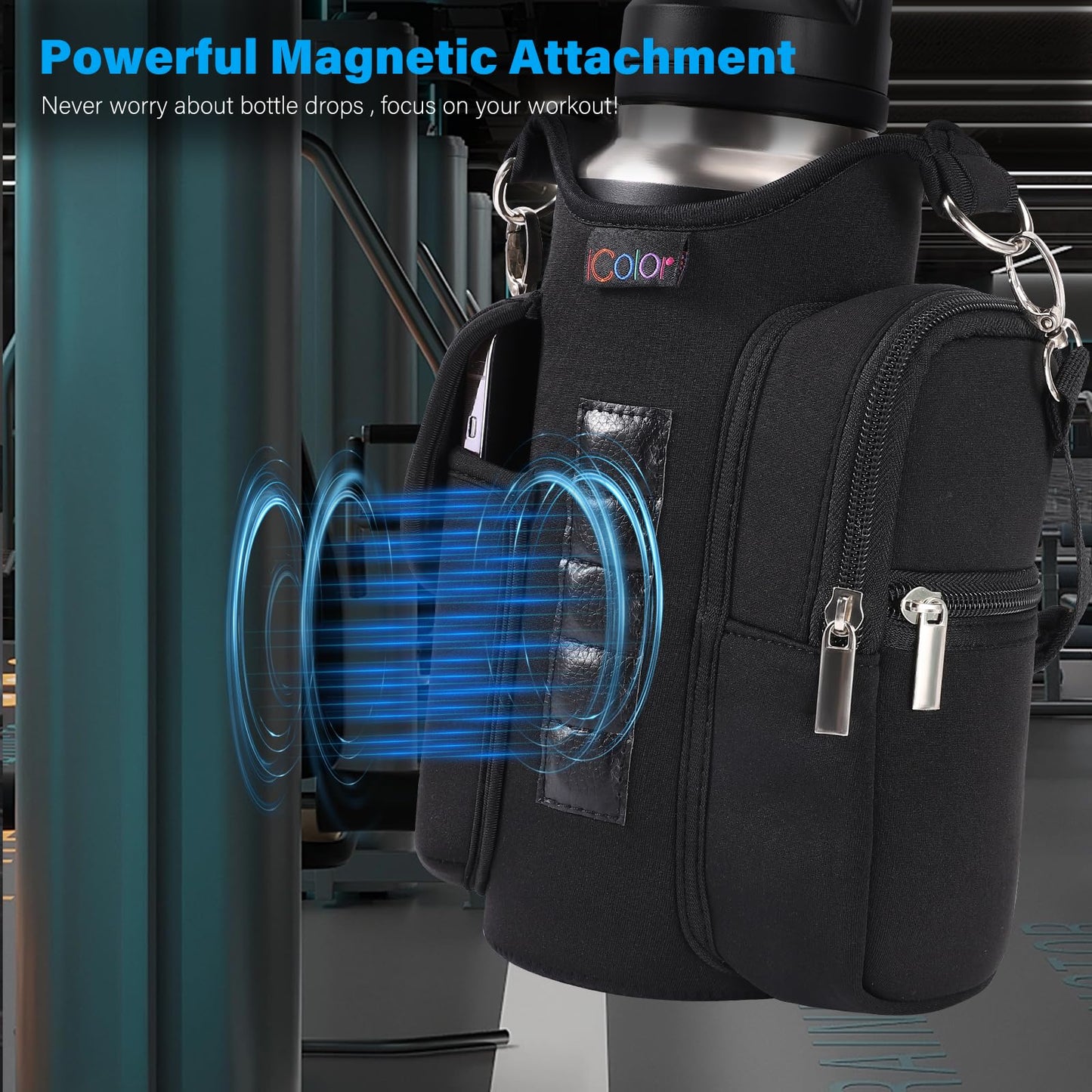 icolor Magnetic Gym Bag Water Bottle Holder with Phone Pockets & Shoulder Strap,5 Built-in Magnets Gym Bottle Pouch Carrier Sleeve,Sling Magnetic Bag Gym Accessories Organizer for Men Women