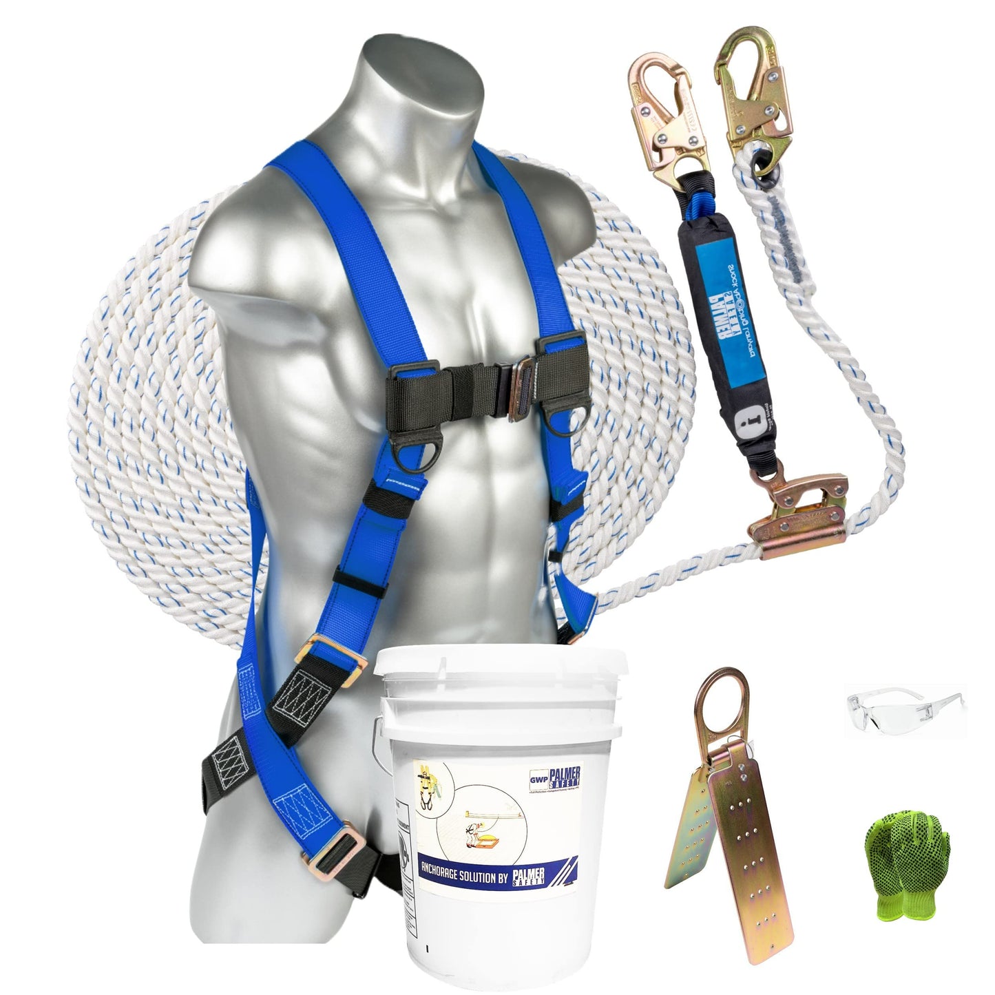 Palmer Safety Fall Protection Roofing Bucket Kit I Full-Body Harness, 50' Vertical Rope & Anchor Set I Construction Fall Arrest Kit for Roofers & Construction Workers I OSHA & ANSI Compliant Equipment