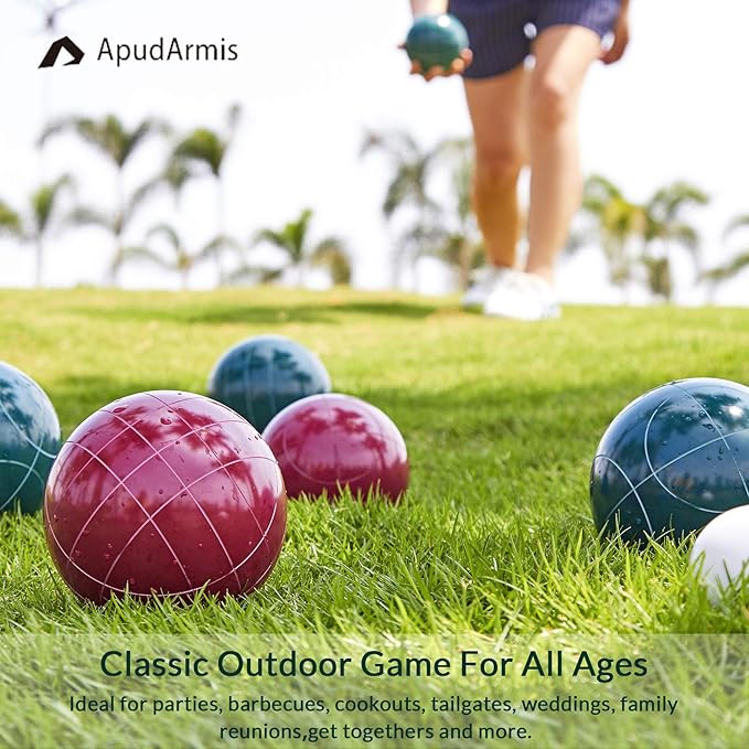 ApudArmis Bocce Balls Set, Regulation Size 100mm Bocce Game for Outdoor/Backyard/Lawn/Beach with 8 PCS 100% Poly-Resin Balls / 1 Pallino/Nylon Carrying Case/Measuring Rope (Red,Blue,Green,Yellow)