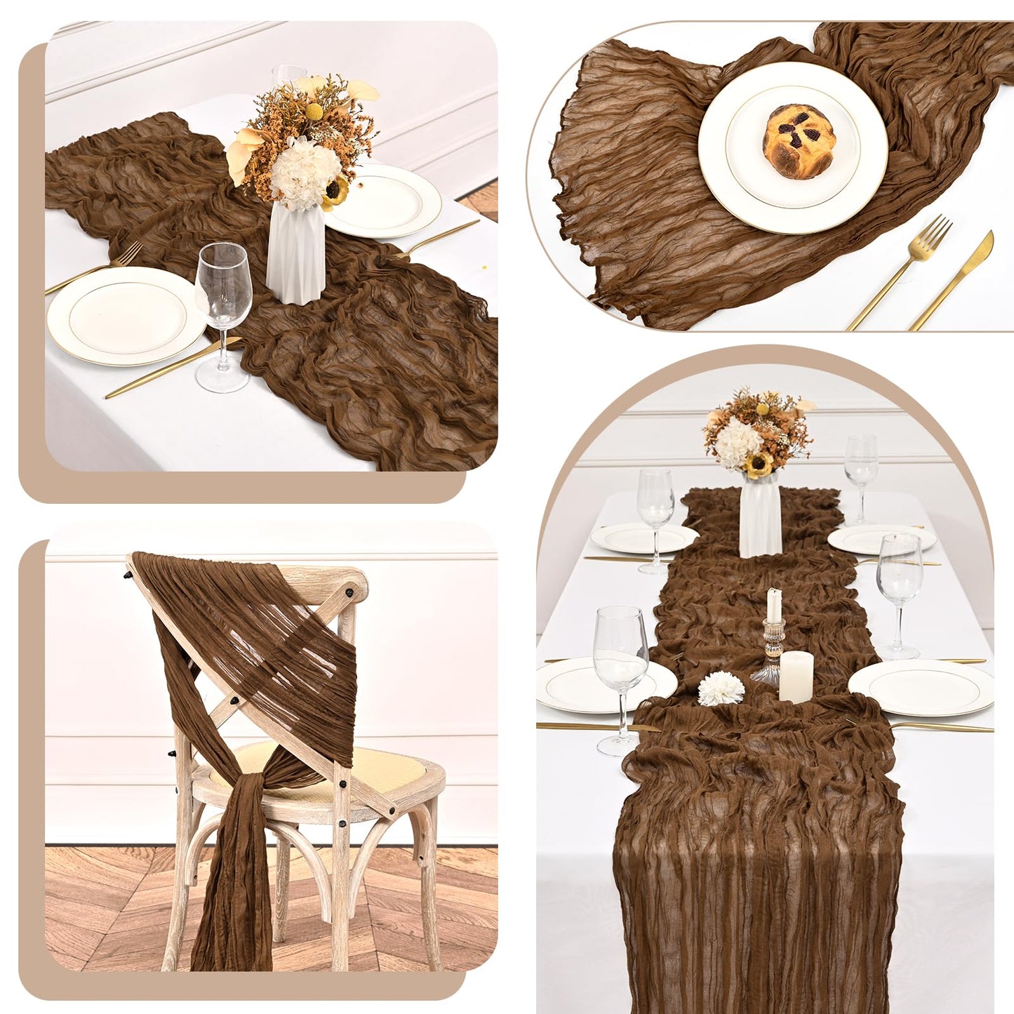 8 Pack 10Ft Cheesecloth Table Runner Brown, 20 x 120 Inch Rustic Gauze Boho Cheese Cloth Wedding Long Table Runner for Wedding Party Bridal Shower Decoration