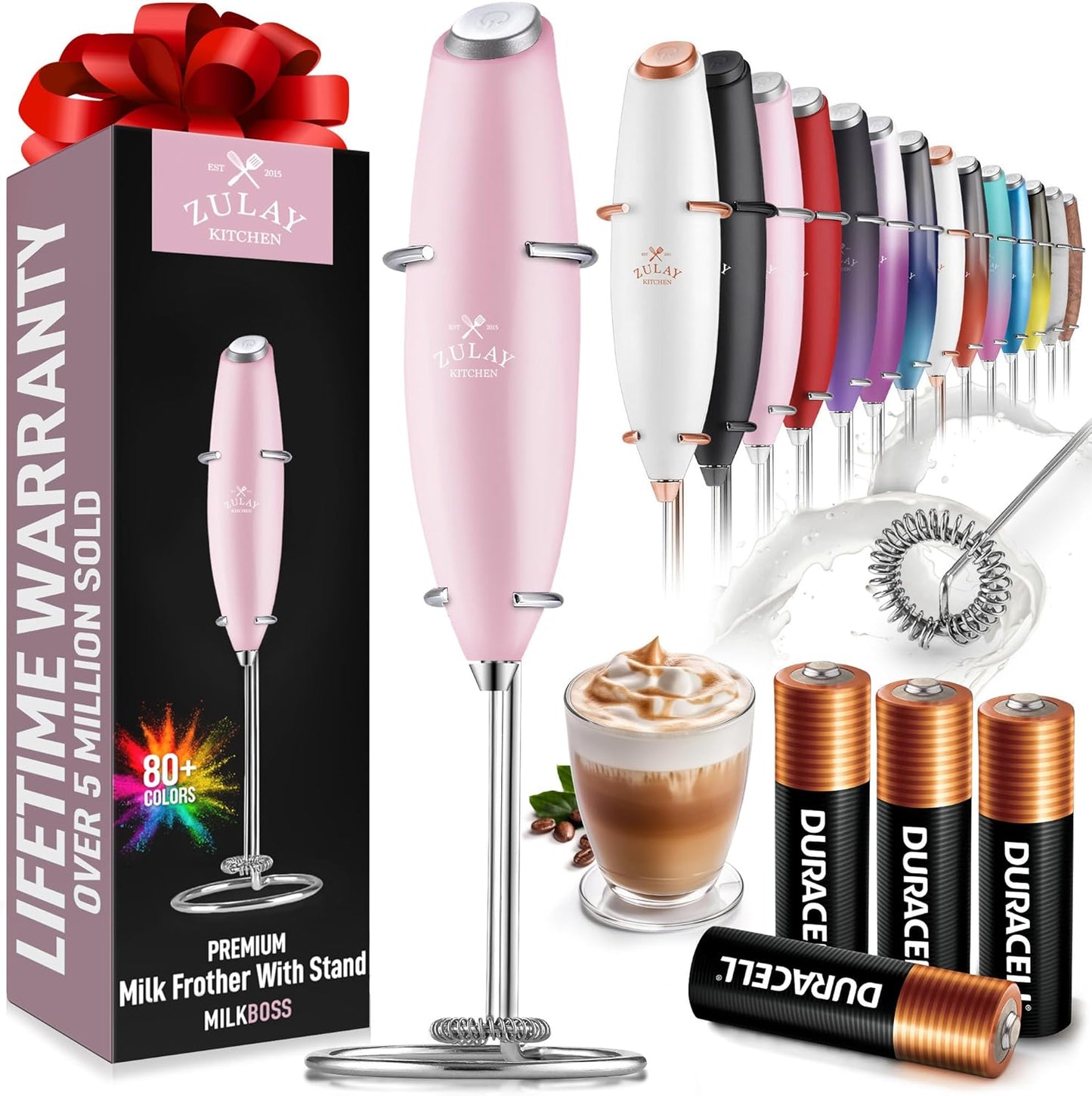 Zulay Milk Frother - Powerful Handheld Drink Mixer for Coffee, Cappuccino & Matcha | Includes 4 Duracell Batteries