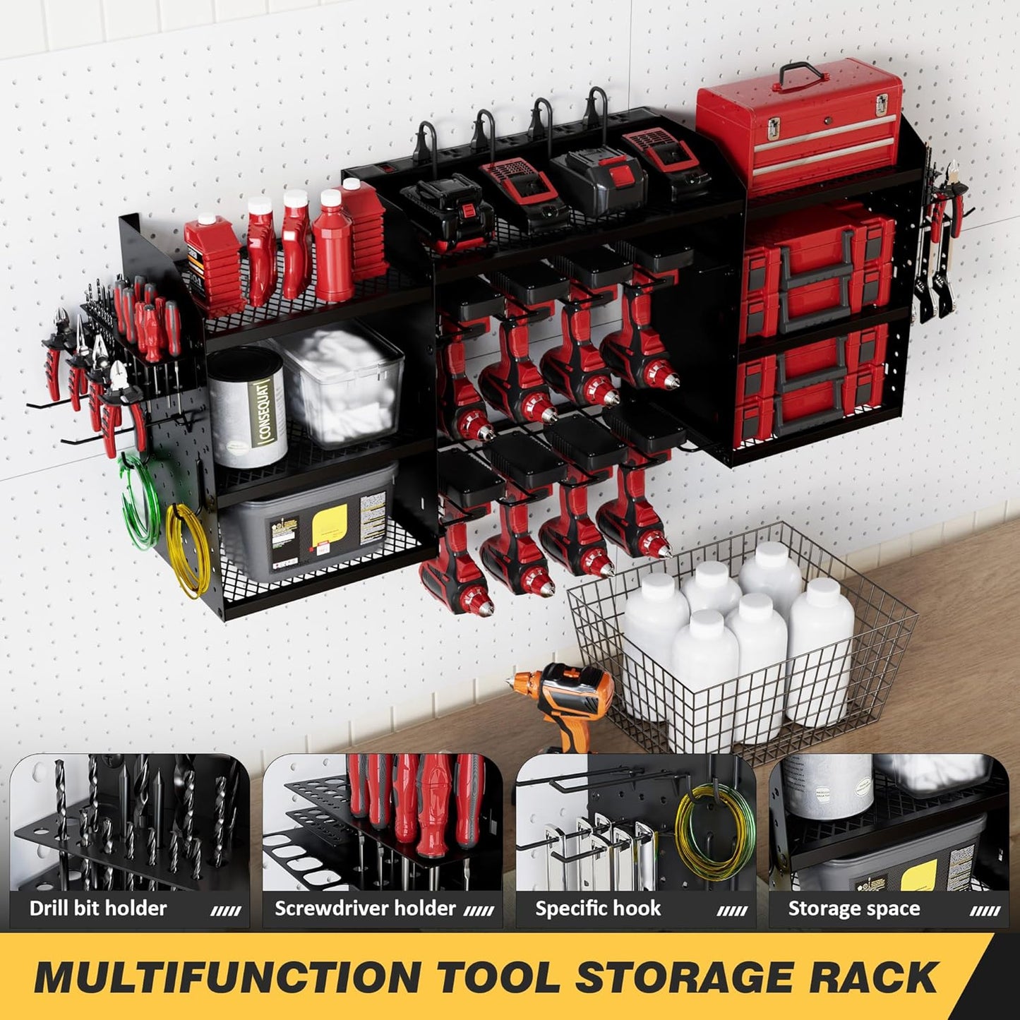 Power Tool Organizer - Heavy-Duty Wall Mount Storage Rack with Charging Station & 8 Outlet Power Strip | 51 Inch 3 Tier Design