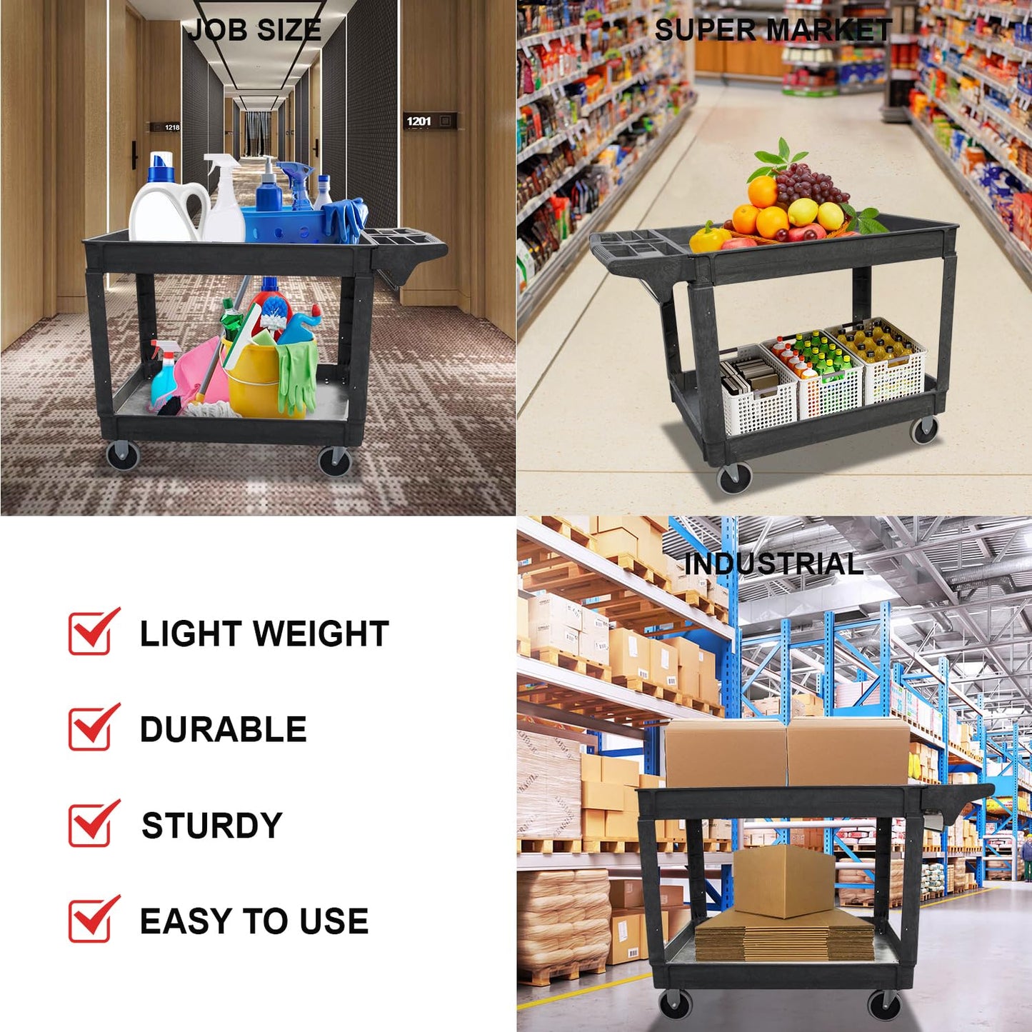 Utility Service Cart, 2-Shelf 500LBS Heavy Duty Plastic Rolling Utility Cart with 360° Swivel Wheels, Lipped Shelves, Ergonomic Storage Handle for Warehouse/Garage/Cleaning/Manufacturing