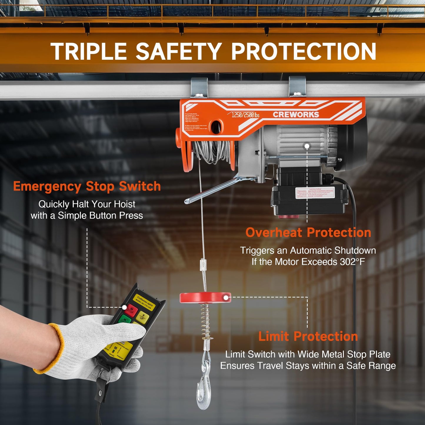 CREWORKS Electric Hoist, 2500lbs Electric Hoist with 328ft Wireless Remote Control 39ft Single Cable Lifting Height, 1800W Single Double Slings Hoist Lift Ceiling Winch for Factory Warehouse Garage