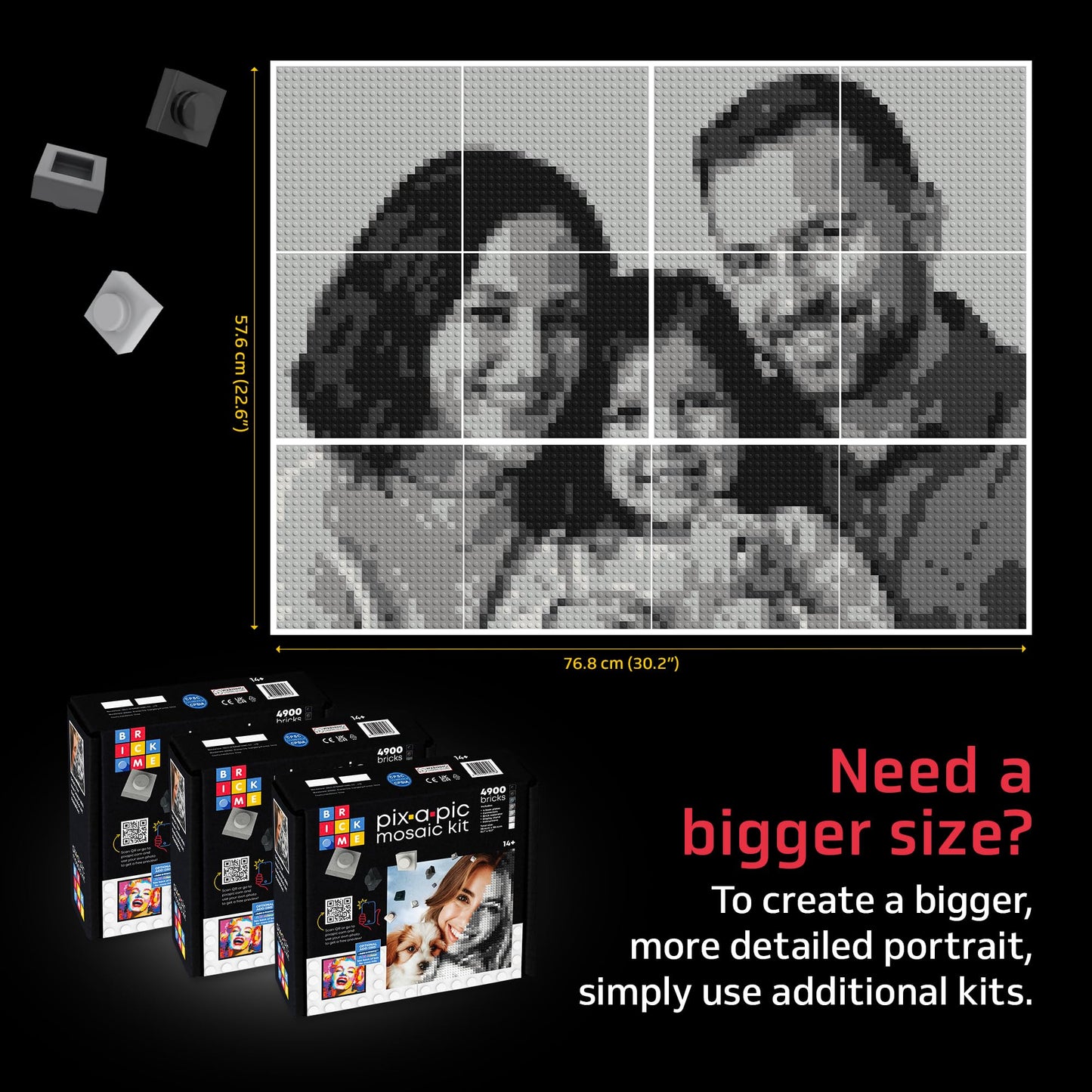 BRICK ME Pix-a-Pic Mosaic Kit, 4900 Bricks (15.1″ × 15.1″) | DIY Pixel Photo Mosaic with Shades of Gray, Black & White | Includes 4 Baseplates, Connector & Brick Separator