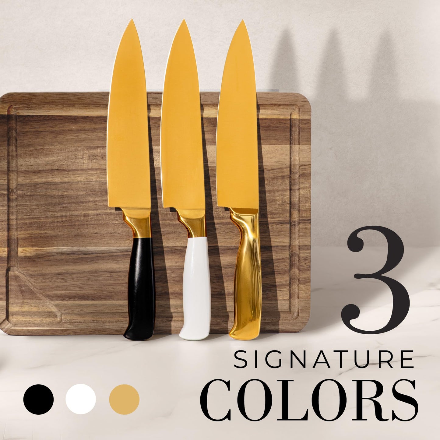 STYLED SETTINGS White and Gold Knife – Stainless Steel Chef Knife with Gold Titanium Coating, Precision German Stainless Steel Blade – Luxury Kitchen Accessories - Ideal Cooking Gift
