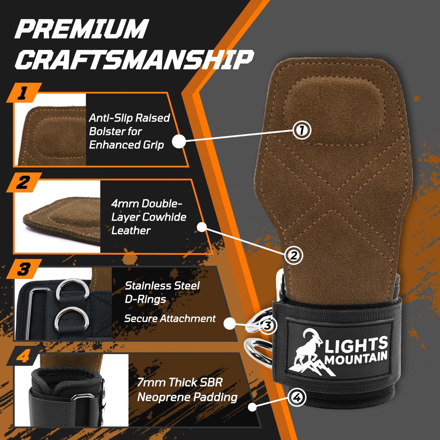 Lights Mountain Heavy Duty Weight Lifting Straps with Dual D-Rings, Leather Palm Grip, Neoprene Wrist Support for Deadlifts, Rows, Cable Machines & Free Weights